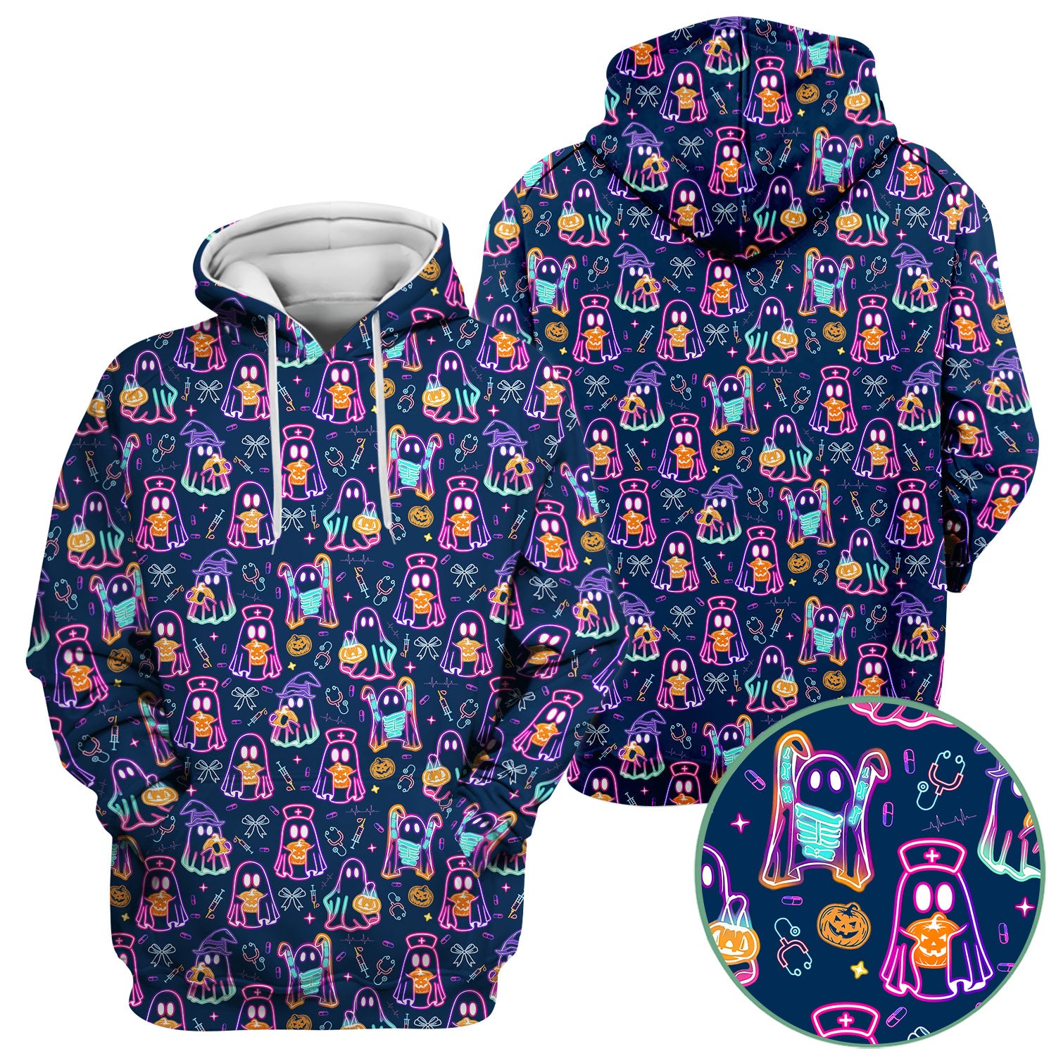 Spooky Neon Ghost Nurse Scrub Top - Halloween Pumpkin Nursing Shirt for Women - Cute Medical Uniform RN CNA LPN Gift
