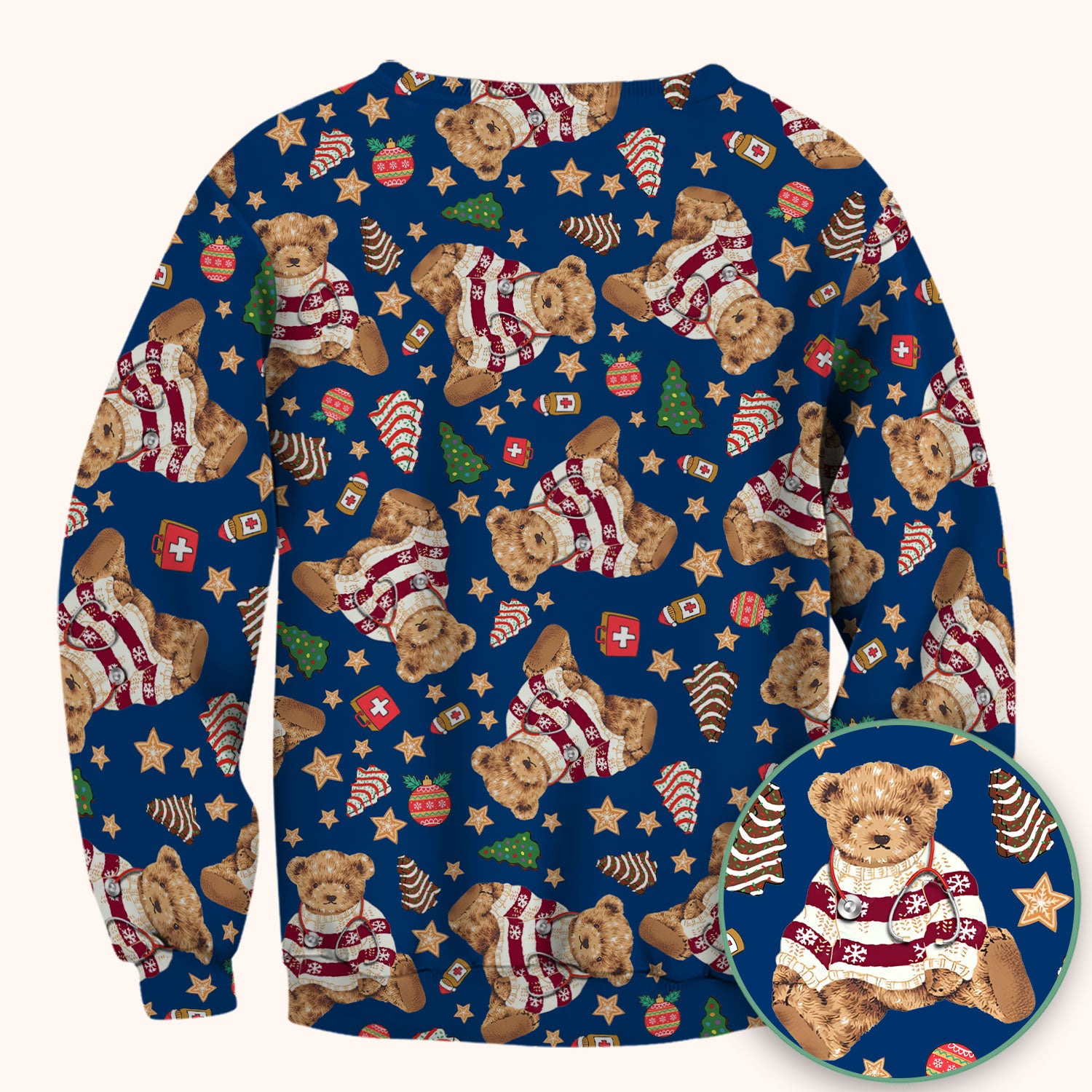 Teddy Bear Christmas Scrub Top - Cute Holiday Medical Pattern with Warm Sweater Bear - Gift for Nurses RN CNA LPN