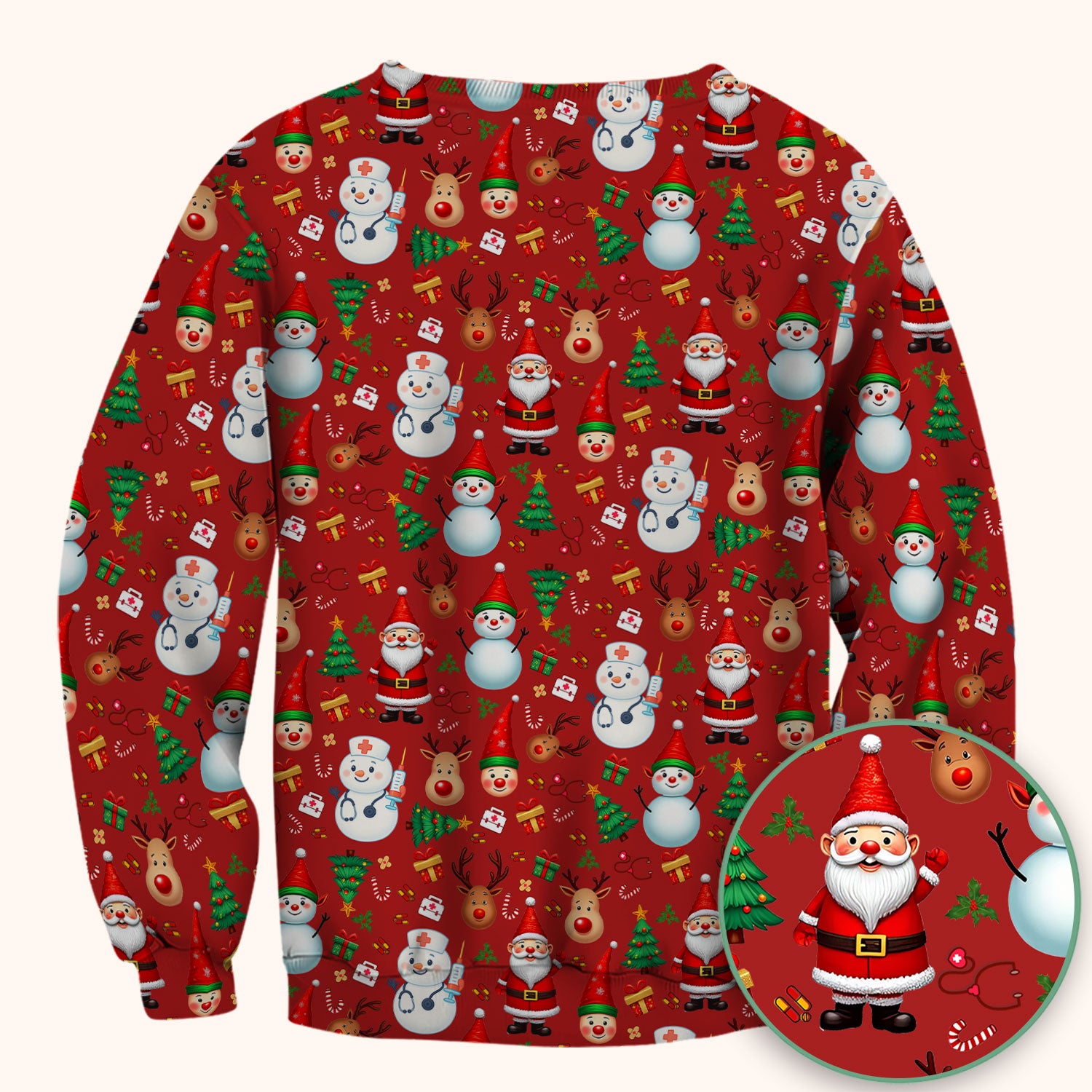 Christmas Scrub Top for Nurses - Cute Snowman Reindeer Santa Pattern - Holiday Medical Uniform RN CNA LPN Gift