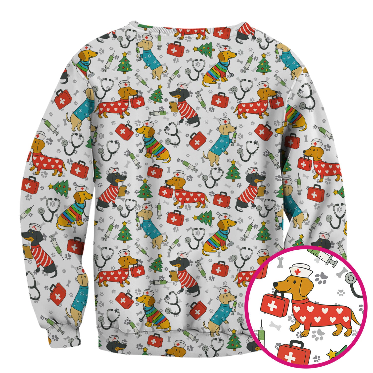 Funny Dachshund Scrub Shirt - Christmas Dog Print Scrubs Multi Color - Holiday Nurse Scrub Top Gift for Women, Men, CNA, RN, Medical Staff