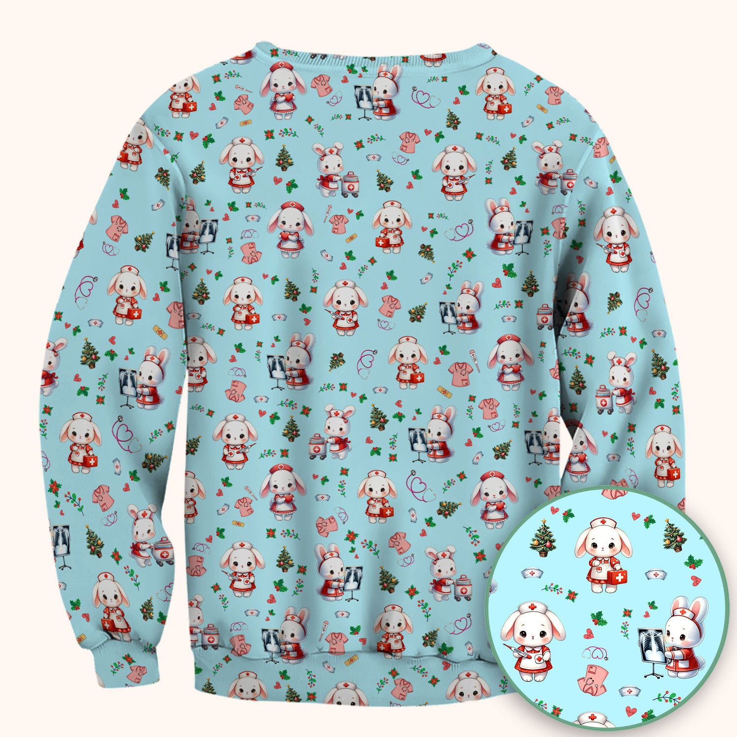 Cute Bunny Scrub Top for Nurse - Adorable Christmas Rabbit Shirt - Funny Holiday Medical Shirt Gift for Women RN LPN CNA