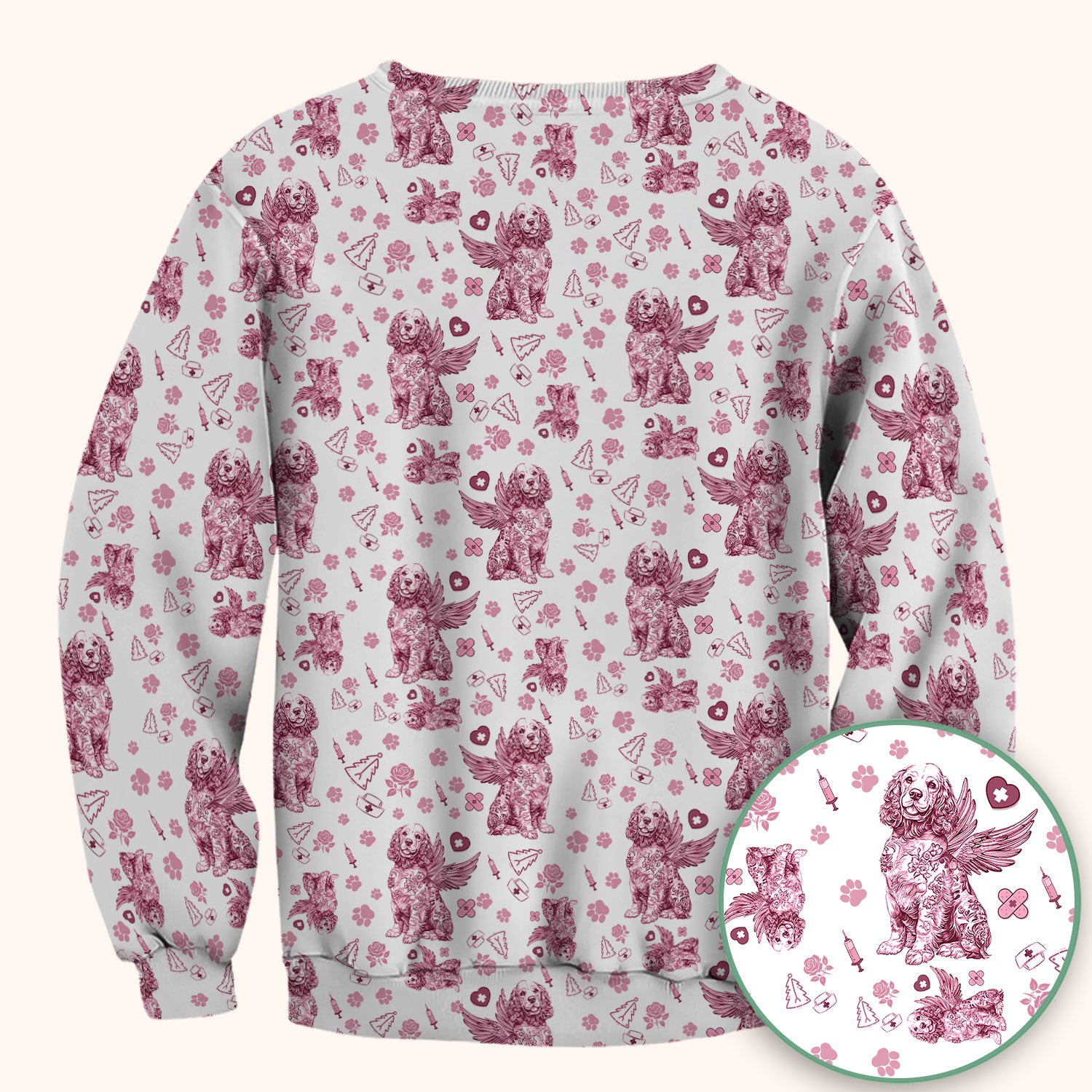 Toile De Jouy Scrubs for Nurses - Angel Puppy Medical Uniform - Floral Dog in Heaven Gift for Women, Vet Techs, RN CNA LPN