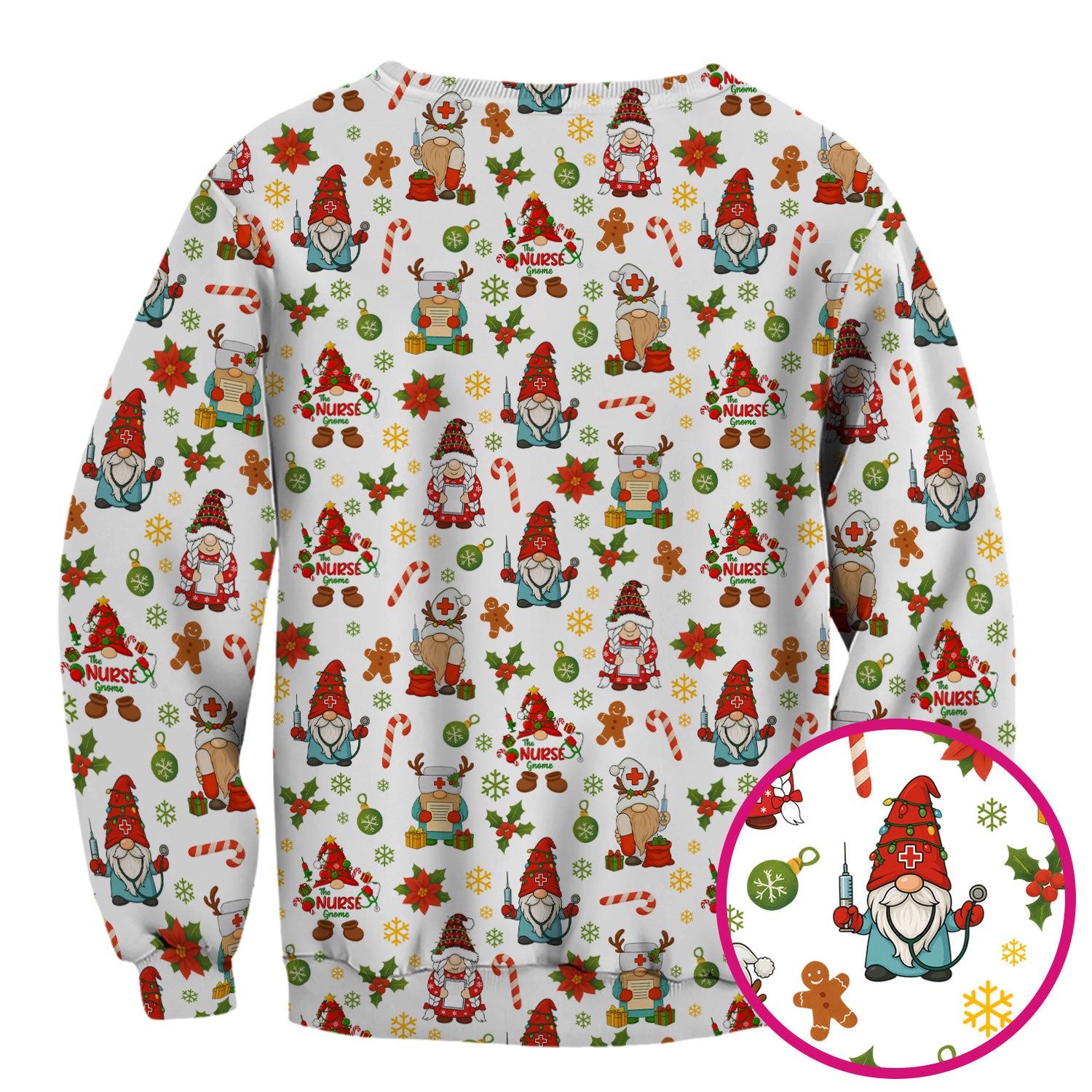 Christmas Gnome Nurse Scrub Top - Cute Holiday Santa Reindeer Print Scrubs - Funny Xmas Medical Scrub Shirt Gift for Women, CNA, RN, Doctor