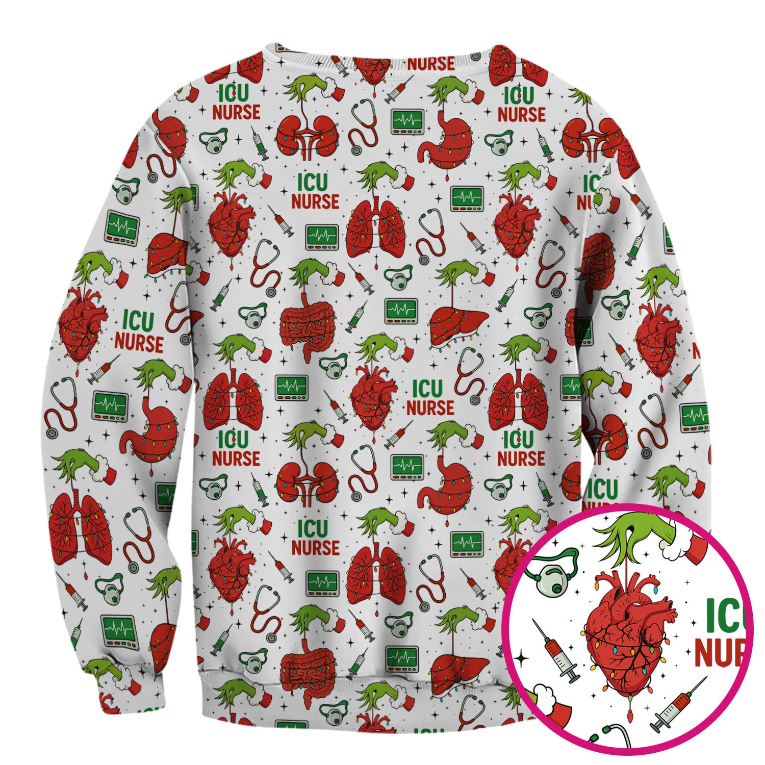 Christmas ICU Nurse Scrub Top - Funny Heart Anatomy Pattern - Holiday Nursing Shirt Gift for RN LPN CNA