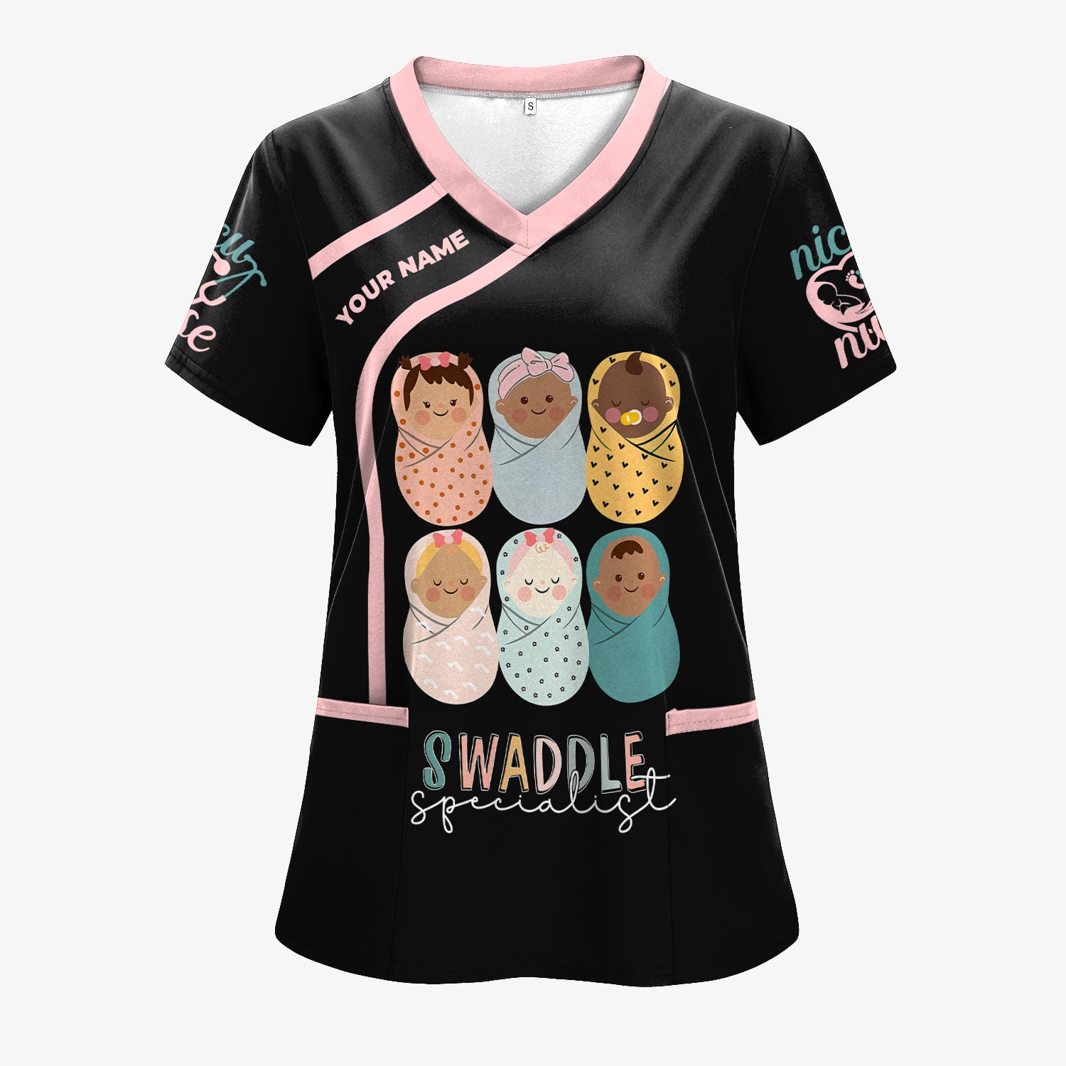 Swaddle Specialist Scrub Top - Cute NICU Nurse Shirt with Baby Design - Personalized Gift for Women RN CNA LPN Nursery Staff