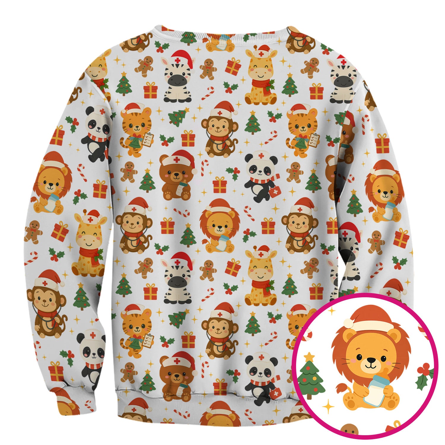 Funny Christmas Nurse Scrub Top - Adorable Safari Animal Pattern - Cute Festive Gift for Women RN LPN CNA