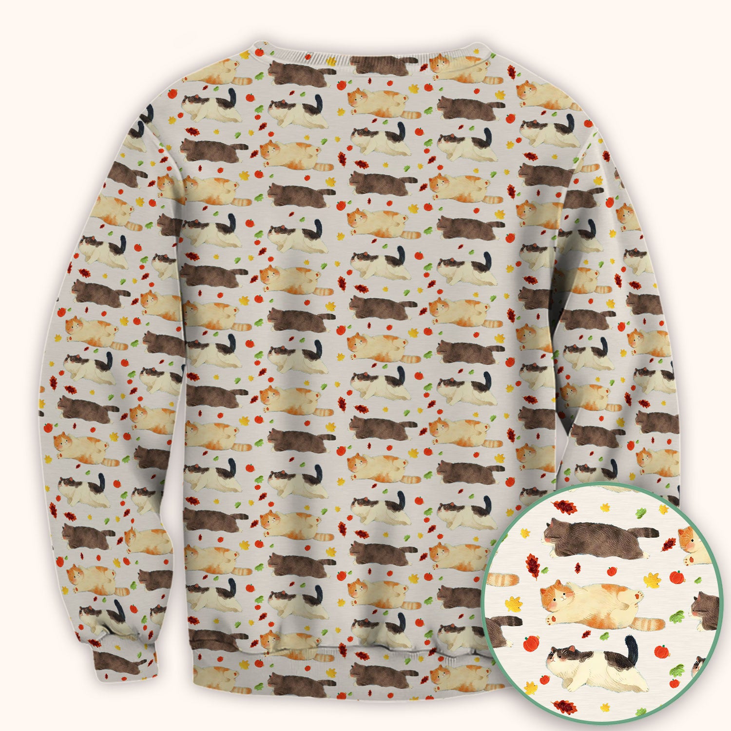 Chubby Cat Autumn Leaves Print Scrub Top, Breathable Fabrics Nursing Uniform