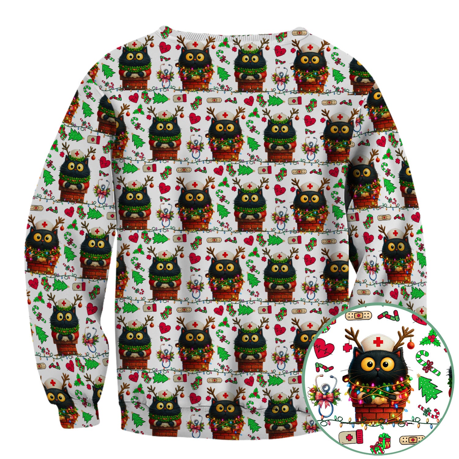 Christmas Black Cat Scrub Top for Nurse - Cute Reindeer Cat with Xmas Lights - Festive Holiday Medical Uniform for Women