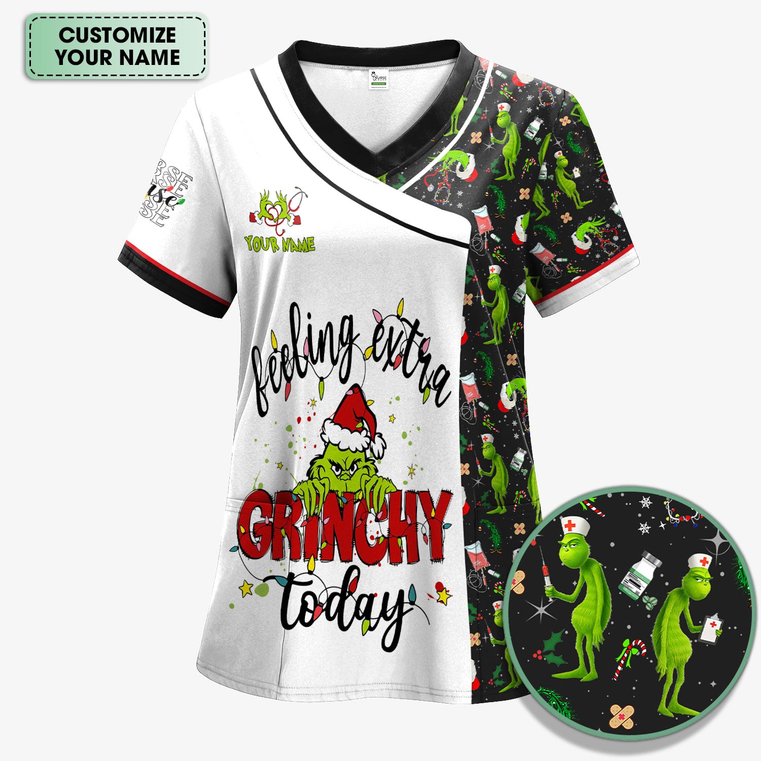 Custom Grinch Nurse Scrub Top Multi Color - Feeling Extra Grinchy Today Christmas Scrub Shirt - Funny Holiday Nursing Workwear