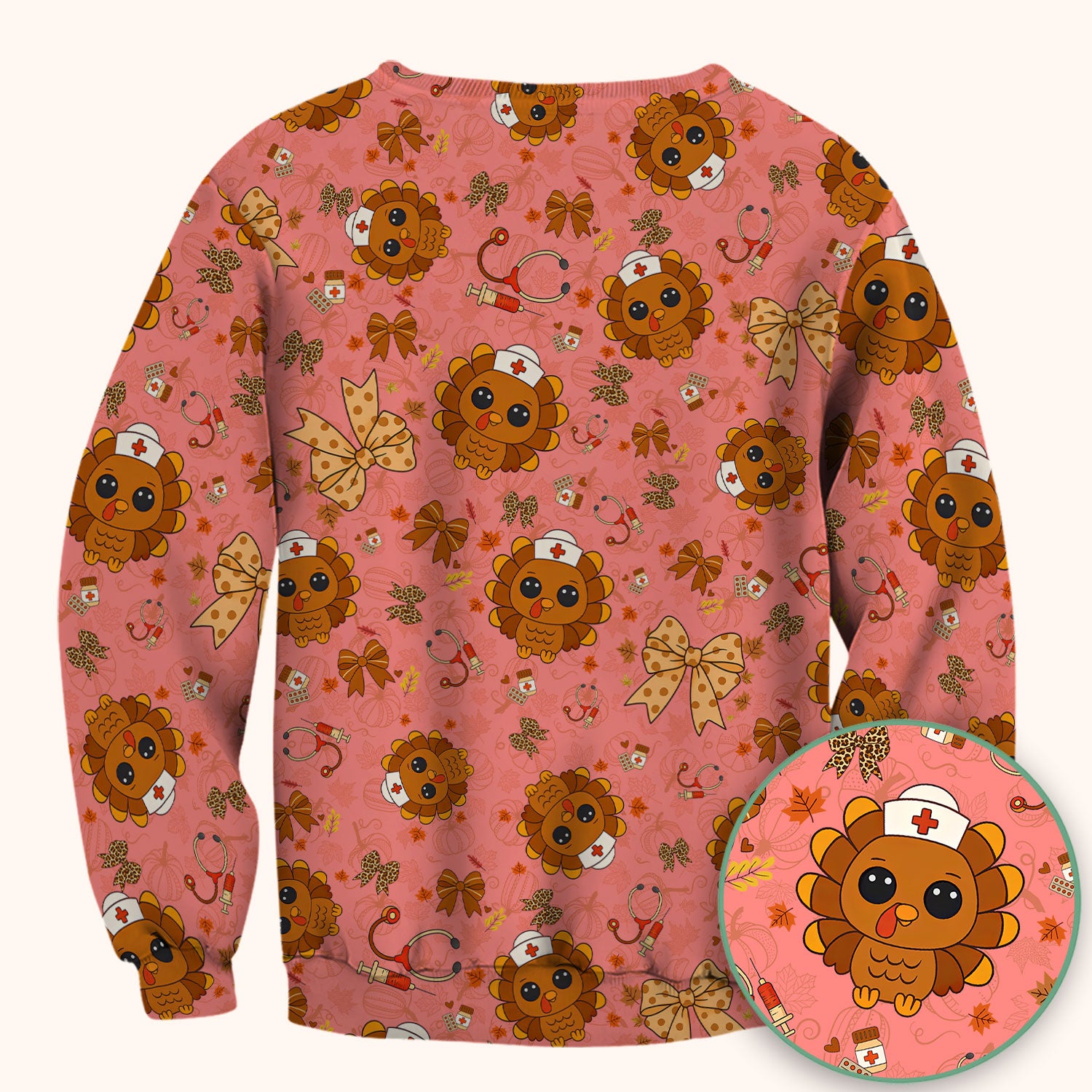 Thanksgiving Turkey Nurse Scrub Top for Women - Cute Fall Leaves and Bow Shirt - Autumn Medical Shirt Gift for RN CNA LPN Doctor