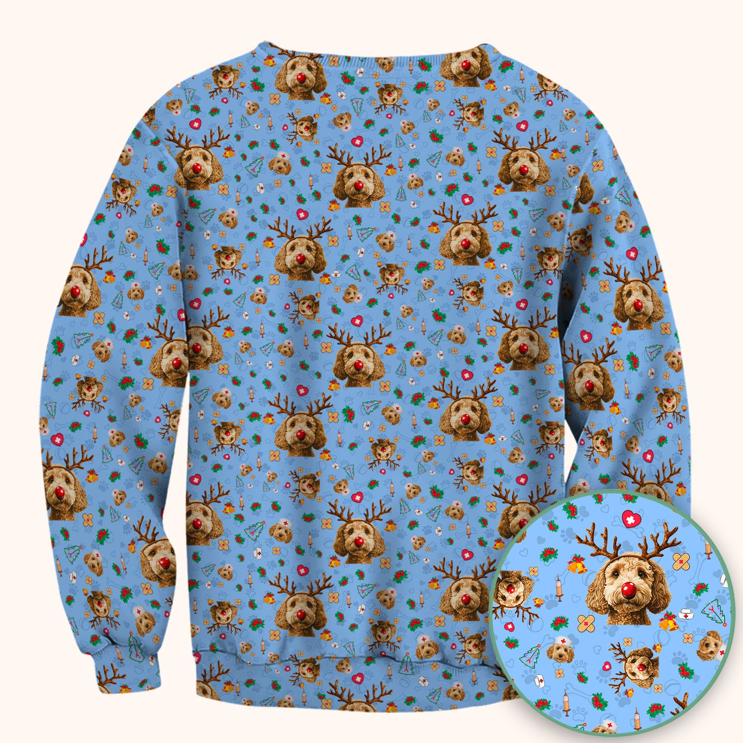 Labradoodle Reindeer Christmas Scrub Top - Funny Dog Nurse Shirt - Cute Holiday Medical Uniform for Women RN LPN CNA Gift