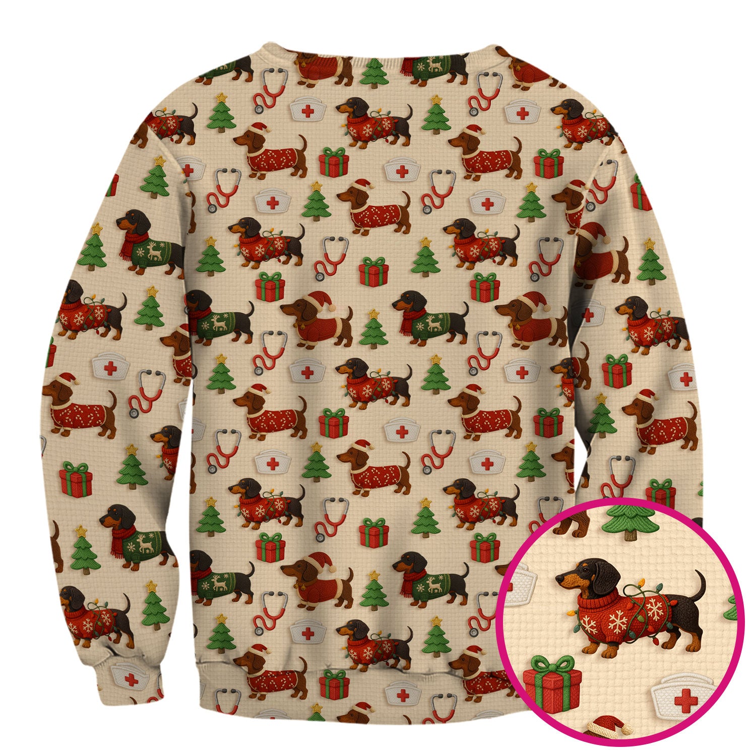 Christmas Nurse Scrubs for Women - Cute Dachshund Dog Print with Holiday Gifts & Trees - Custom Multi Color Nursing Shirt Gift