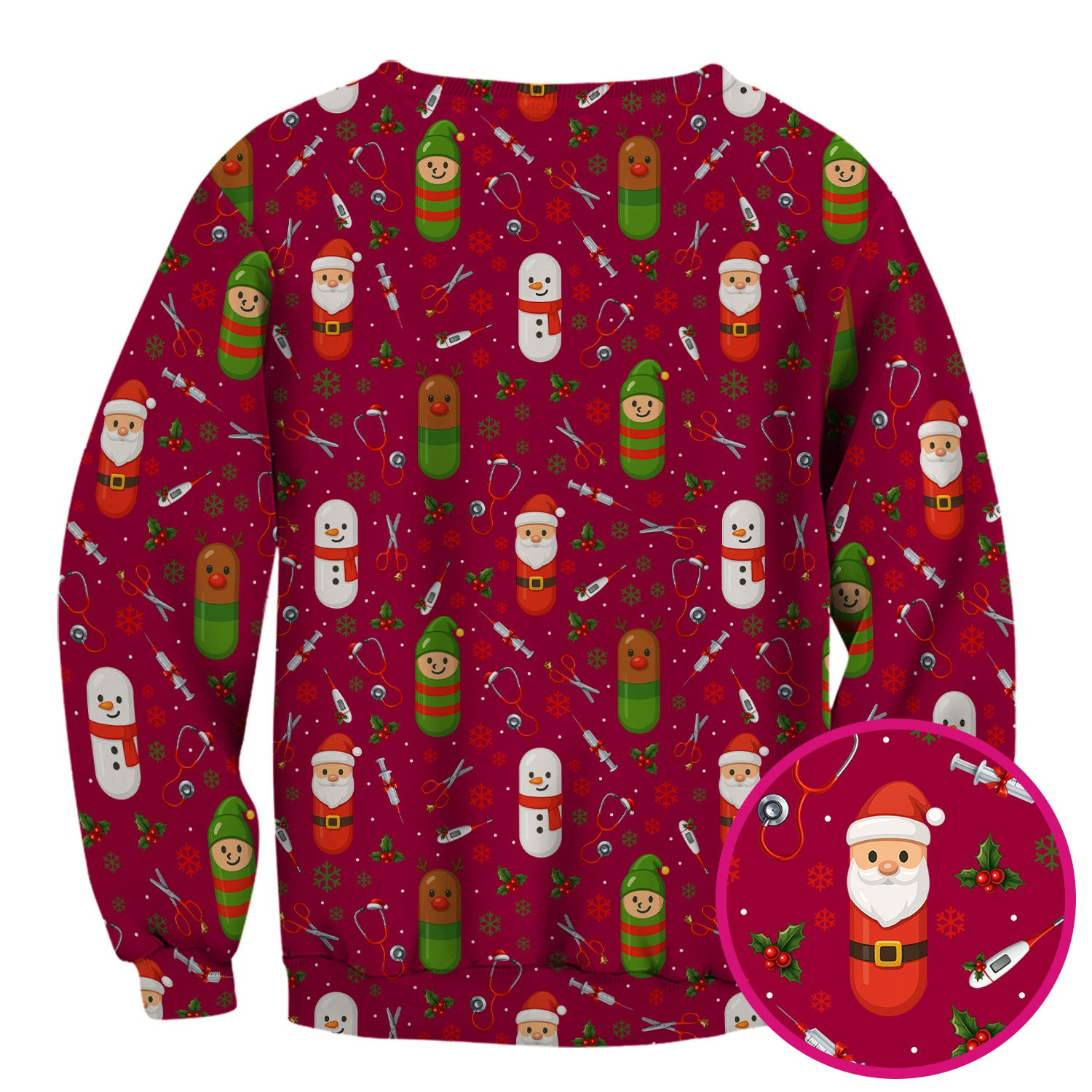 Santa Christmas Scrubs Set - Fun Holiday Pattern with Reindeer and Snowman - Cute Medical Scrub Top and Pants for Nurses