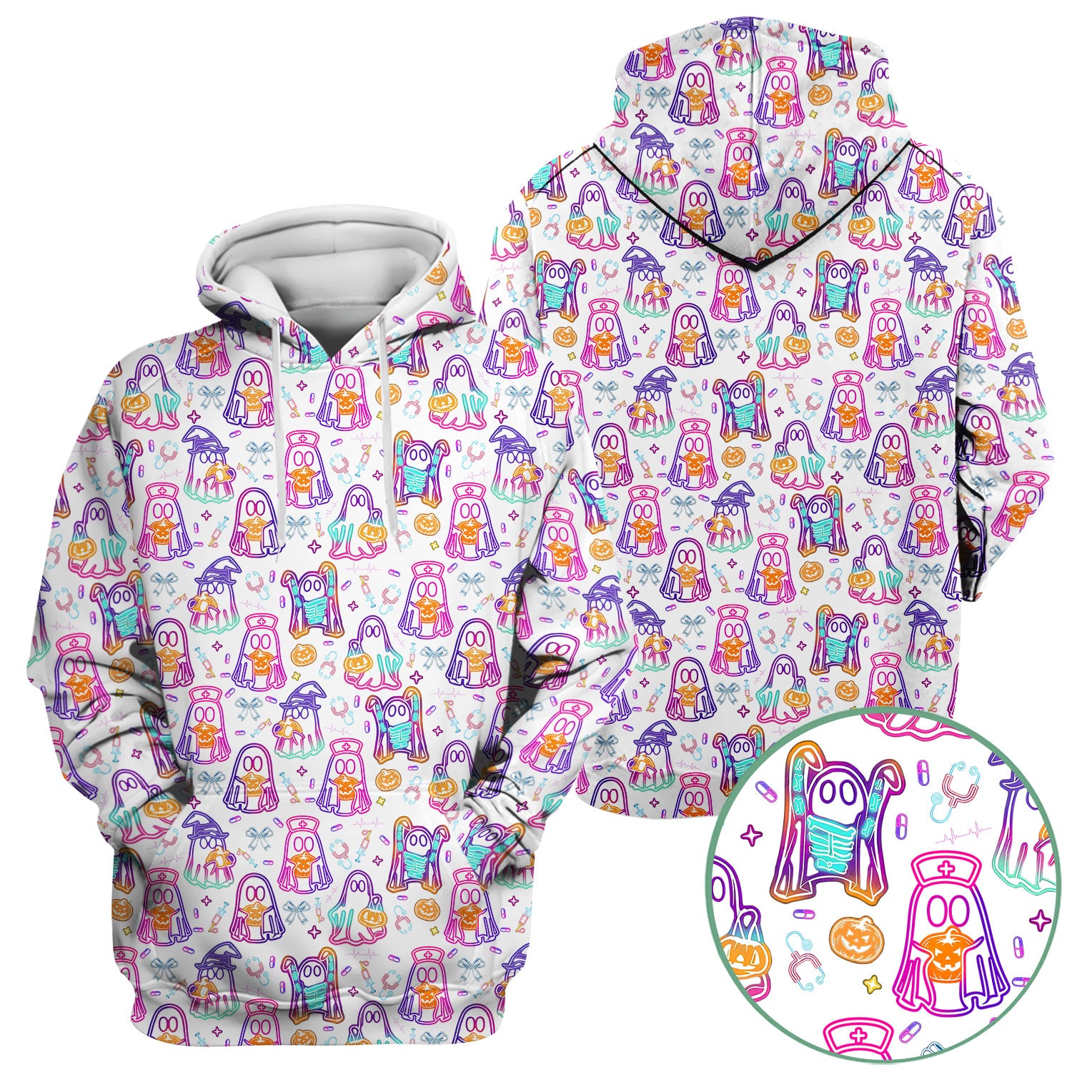 Halloween Nurse Scrub Top for Women - Cute Neon Ghost Medical Uniform - Funny Spooky Nursing Shirt RN CNA LPN Gift