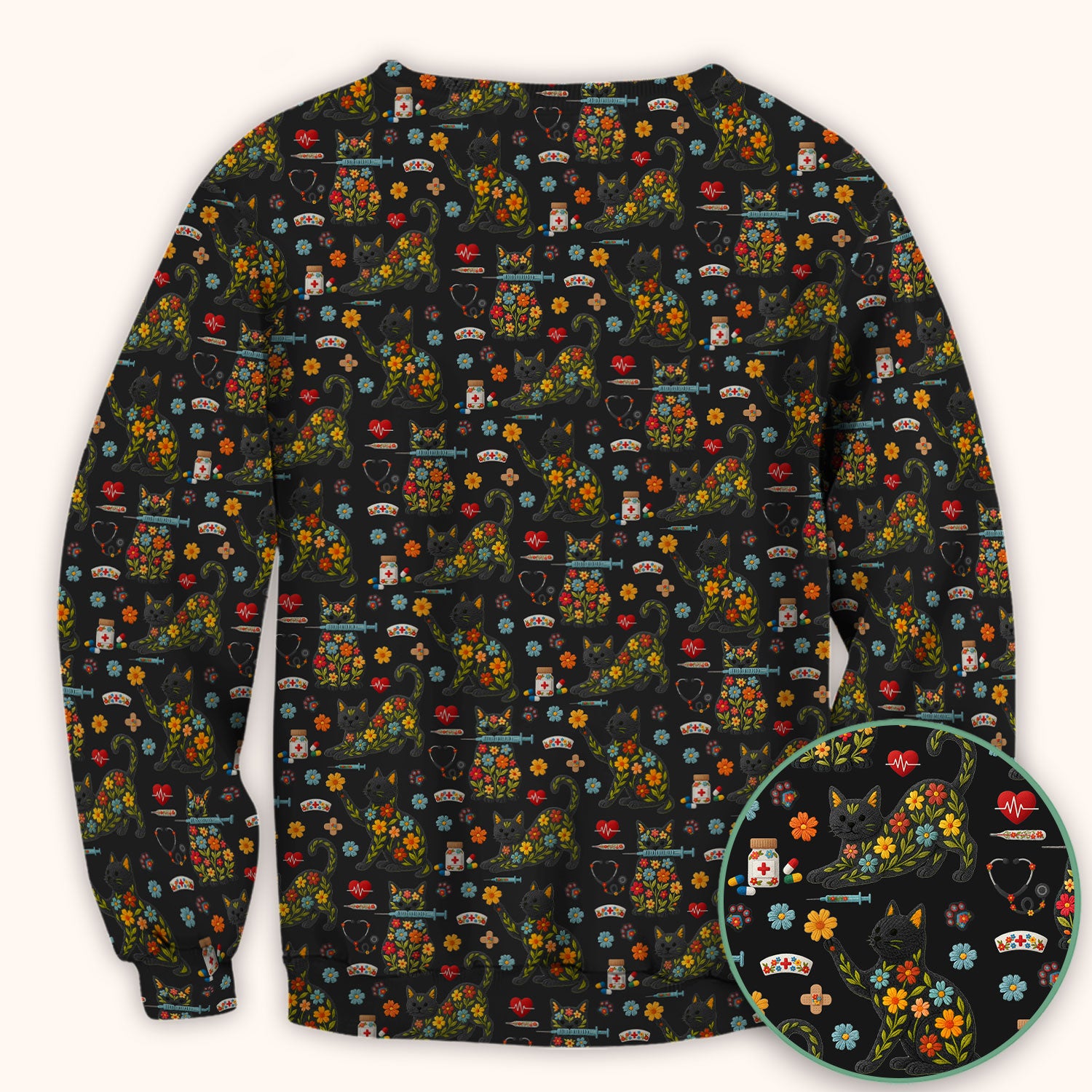 Floral Black Cat Pattern Scrub Top, Cute Cat Nurse Scrub Shirt, Medical Nursing Uniform