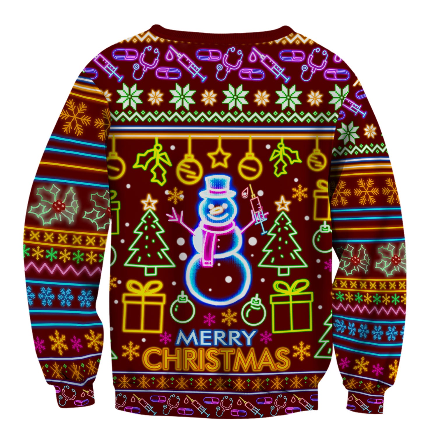 Neon Snowman Christmas Scrub Top for Nurses - Merry Christmas Holiday Lights Pattern - Funny Festive Medical Uniform for RN LPN CNA