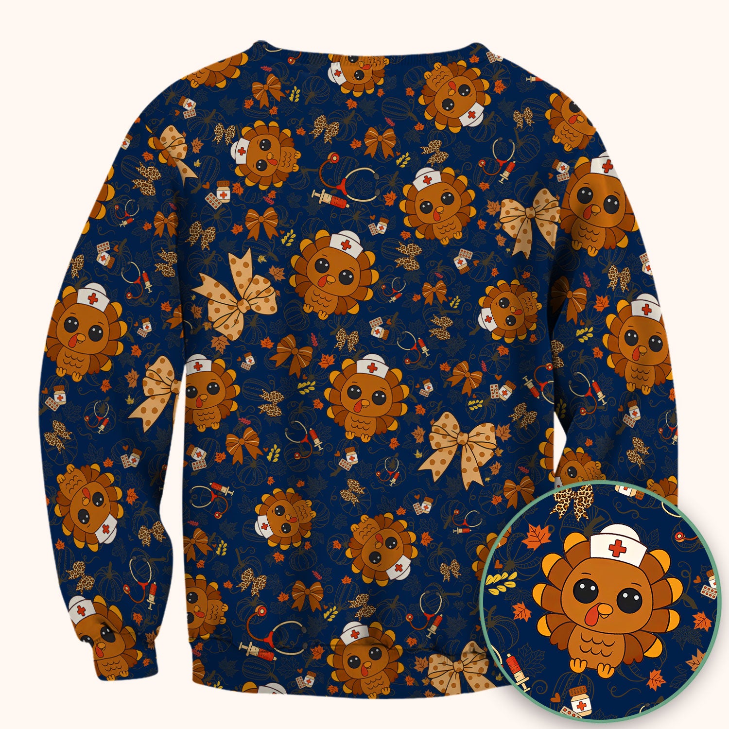 Thanksgiving Turkey Nurse Scrub Top for Women - Cute Fall Leaves and Bow Shirt - Autumn Medical Shirt Gift for RN CNA LPN Doctor