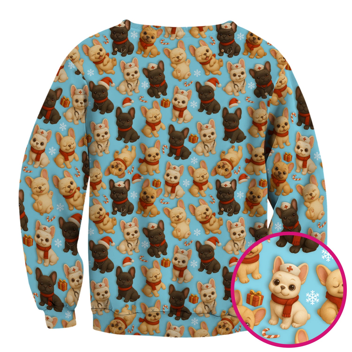 Christmas Dog Scrubs for Women - Cute French Bulldog Pattern Medical Scrub Top - Festive Holiday Nurse Scrubs with Adorable Puppy Design