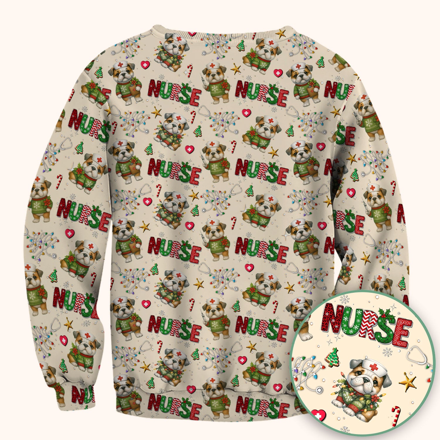 Bulldog Christmas Nurse Scrub Top - Funny Dog Scrub Shirt - Cute Holiday Medical Uniform for Women RN LPN CNA Gift