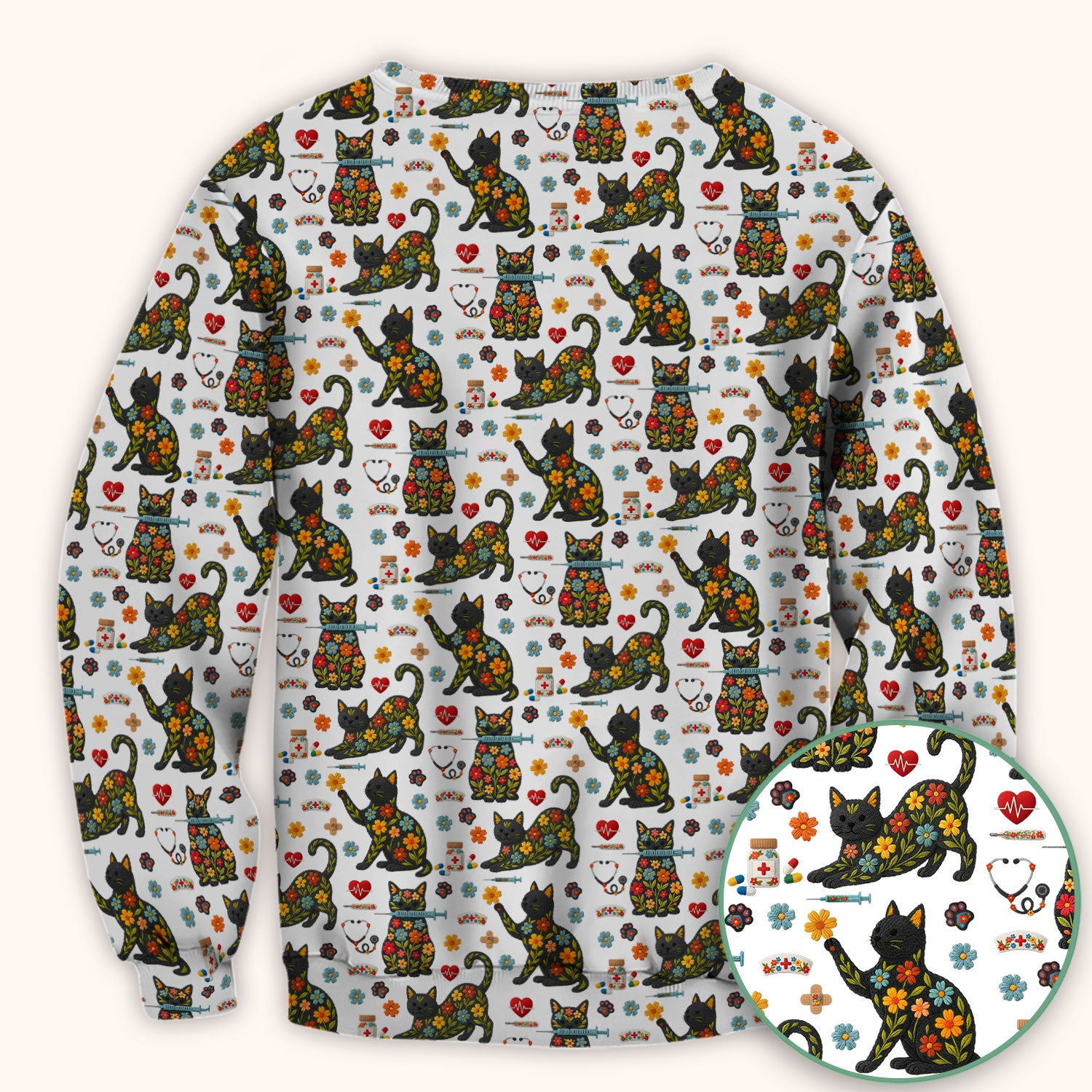 Floral Black Cat Pattern Scrub Top, Cute Cat Nurse Scrub Shirt, Medical Nursing Uniform