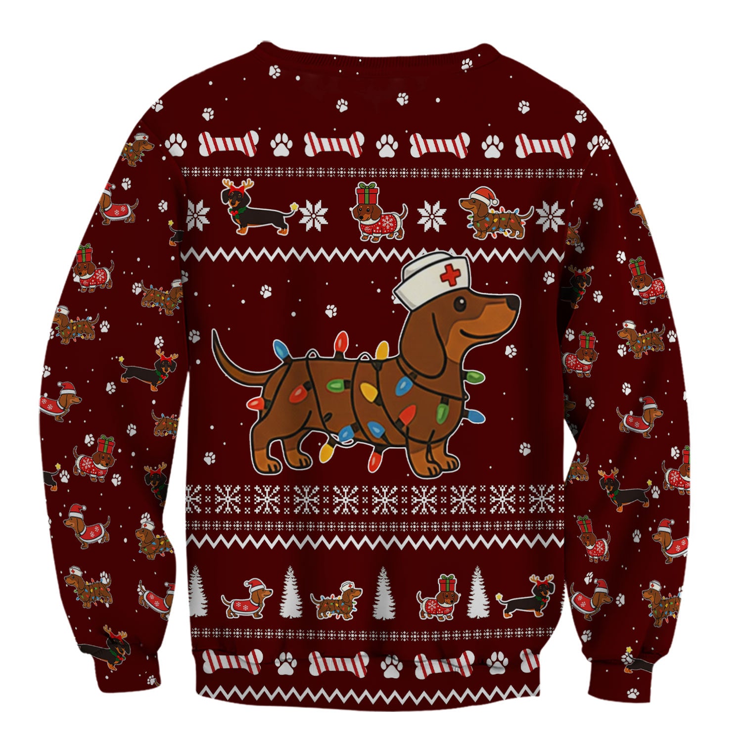 Christmas Dachshund Nurse Scrub Top for Women - Cute Sausage Dog Wearing Lights - Funny Holiday Medical Shirt Gift for RN CNA LPN