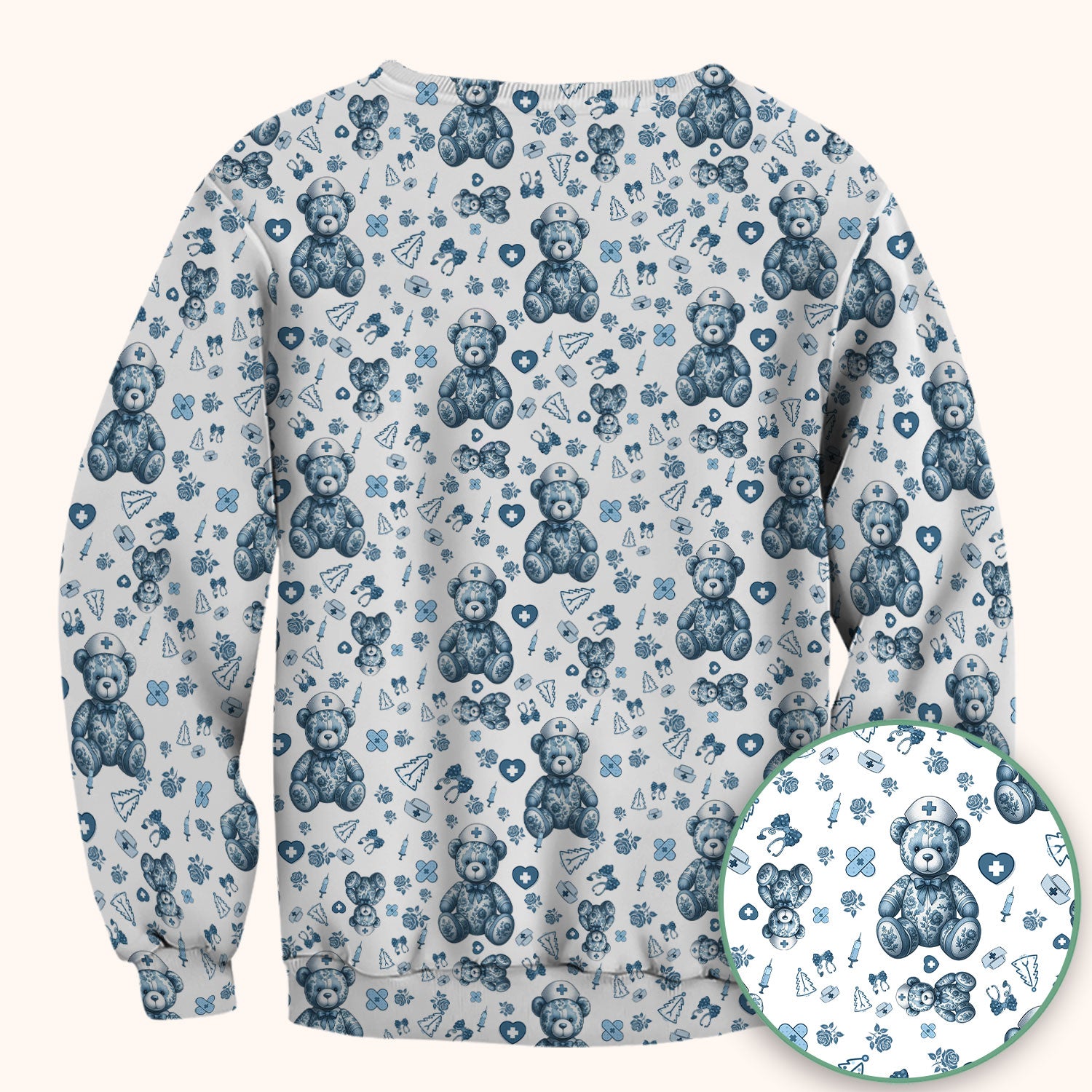 Toile Teddy Bear Nurse Scrub Top - Elegant Blue Toile de Jouy Pattern Medical Shirt for Women - Cute Vintage Nursing Uniform Gift