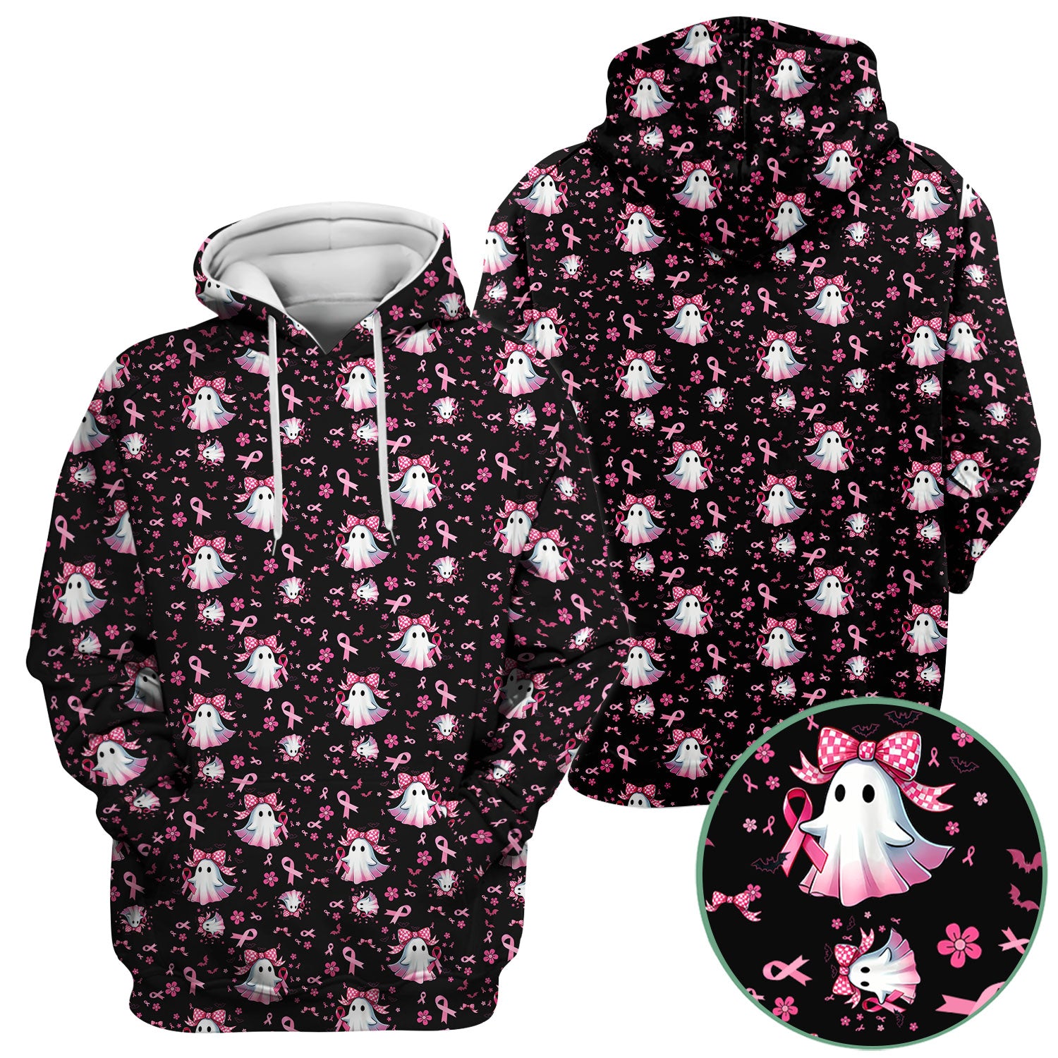 Halloween Ghost Scrub Top for Women - Breast Cancer Awareness Pink Ribbon Nurse Shirt - Cute Spooky Medical Uniform RN LPN CNA