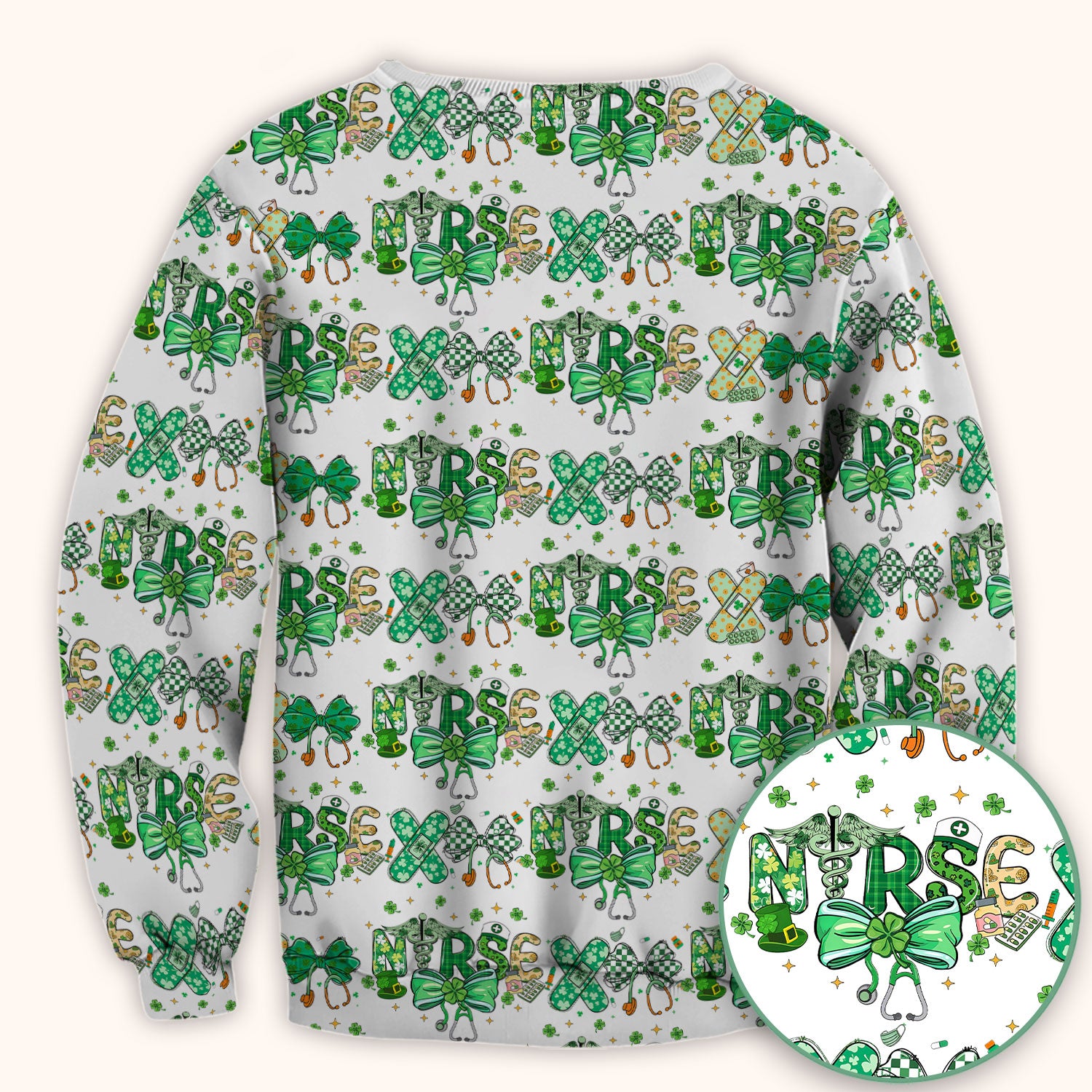 St. Patrick’s Nurse Scrub Top, Lucky Clover And Green Bow Pattern Nurse Shirt, Breathable Fabrics Nursing Uniform