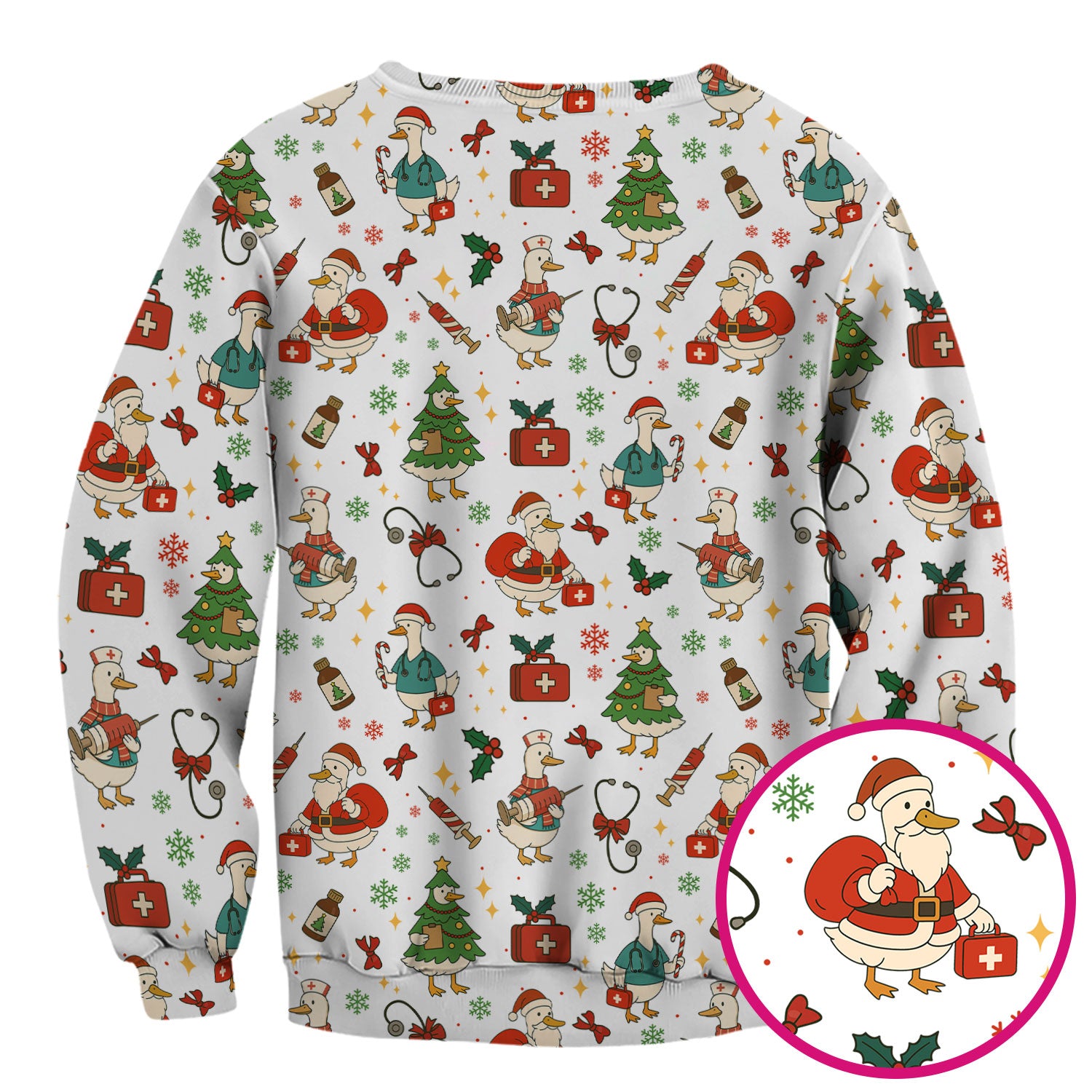 Christmas Duck Nurse Scrub Top for Women - Cute Santa Claus Pattern - Funny Holiday Nursing Shirt Gift for RN LPN CNA