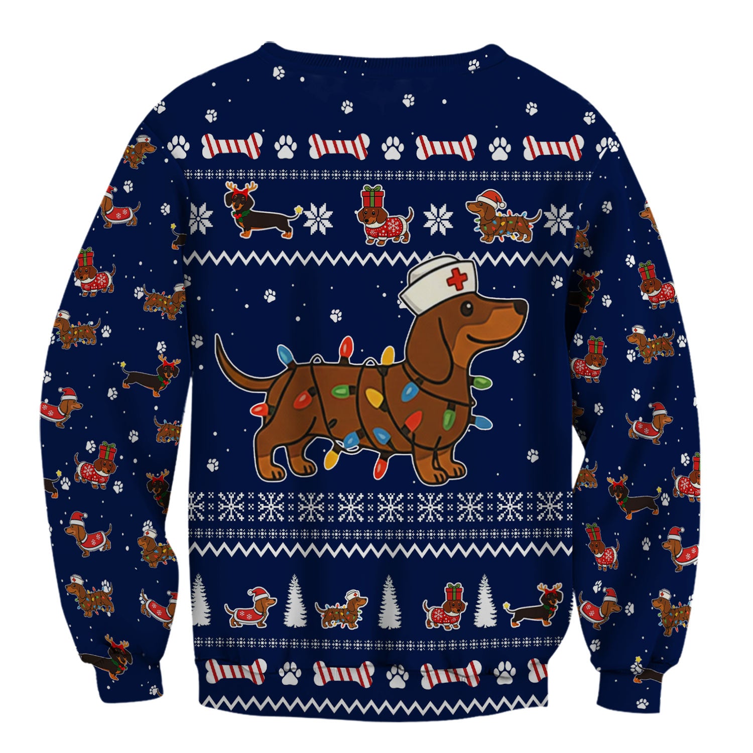 Christmas Dachshund Nurse Scrub Top for Women - Cute Sausage Dog Wearing Lights - Funny Holiday Medical Shirt Gift for RN CNA LPN