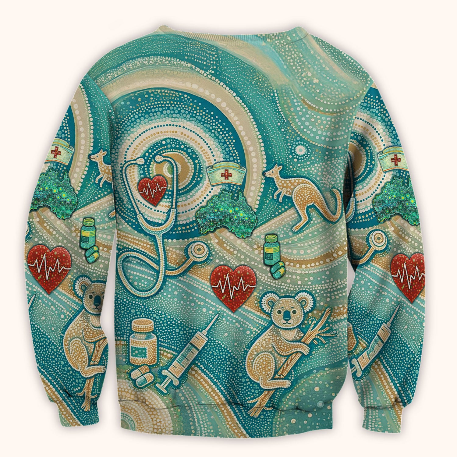 Australian Wildlife Dot Art Inspired Medical Scrub Top - Aussie Women V-Neck Shirt