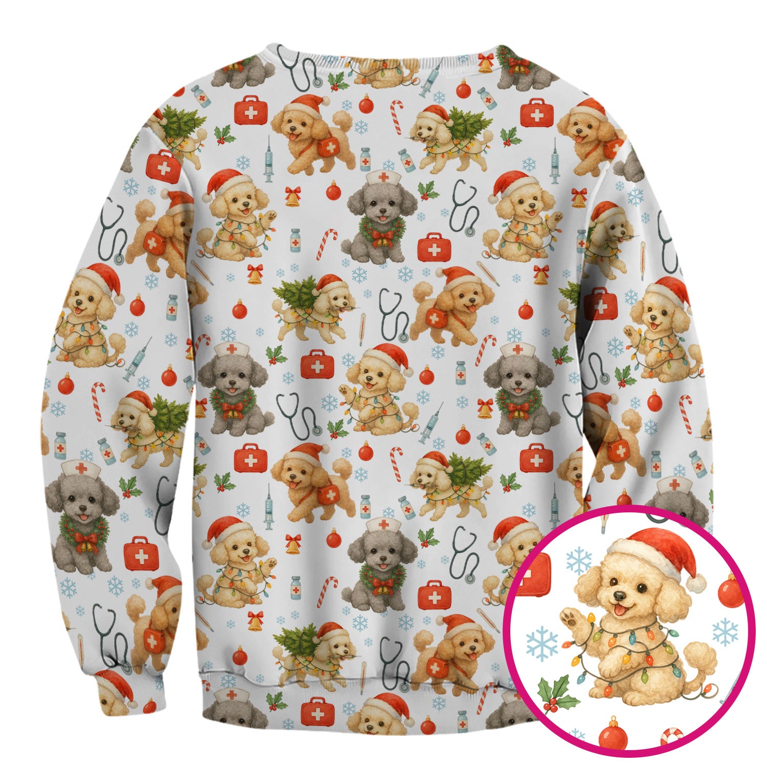 Cute Christmas Dog Scrub Top - Puppy Nurse Shirt Santa Hat Print - Holiday Medical Scrubs Gift for Women CNA RN Doctor