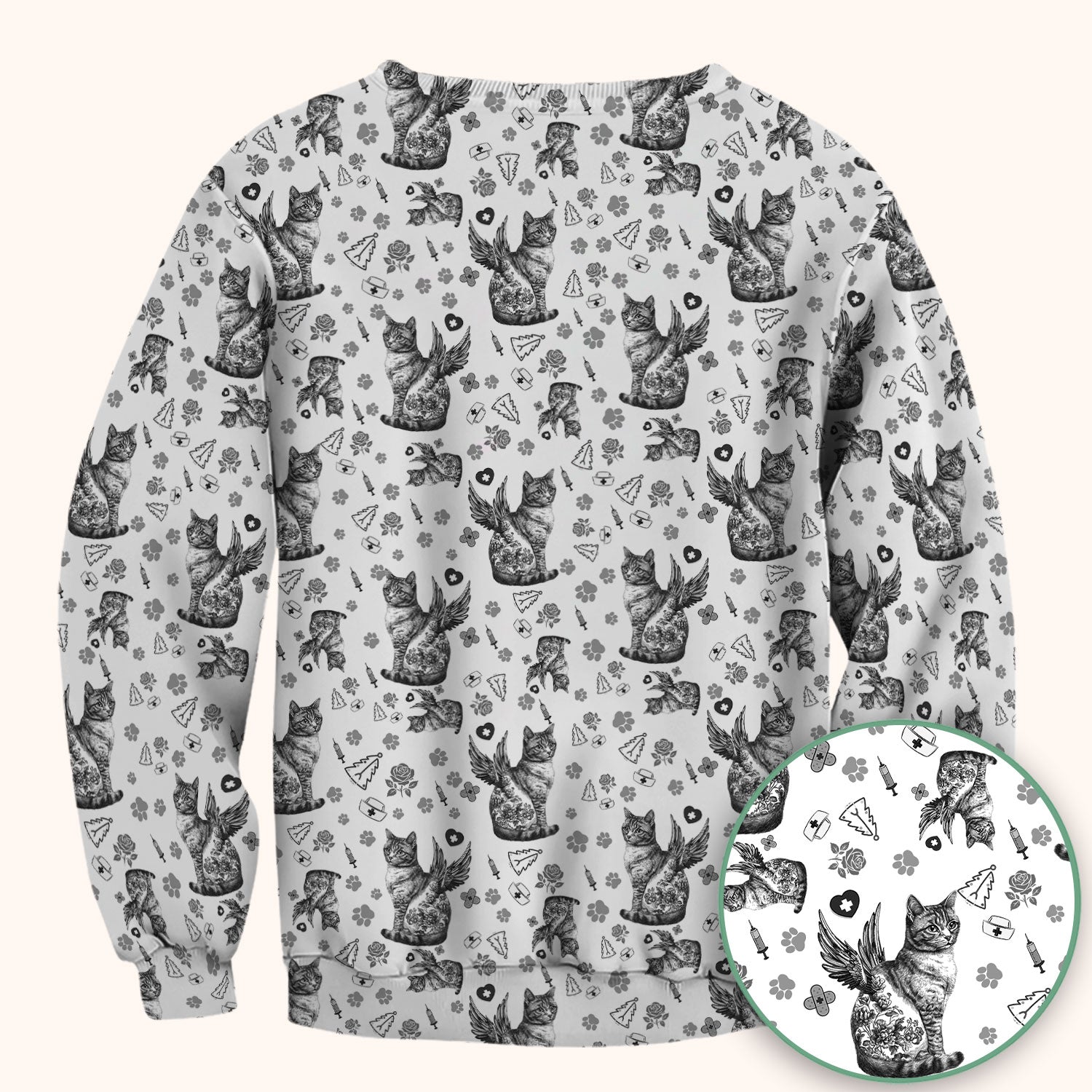 Toile de Jouy Cat Angel Scrub Top - Blue Vintage Nurse Shirt - French Style Medical Uniform for Women RN LPN CNA Gift