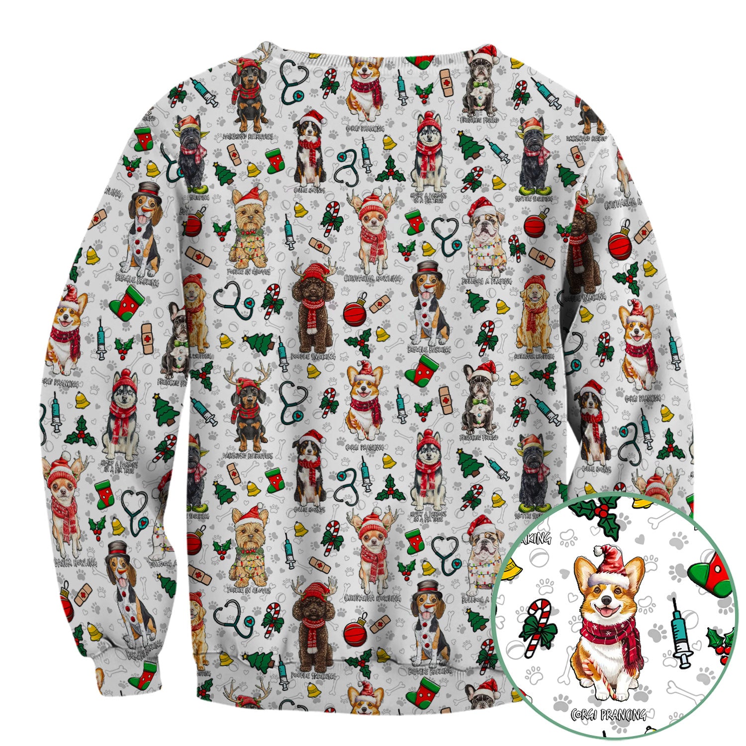 Cute Christmas Dog Scrubs for Nurses - Corgi, Dachshund, Husky, Poodle & Labrador - Funny Holiday Medical Scrub Top for Women