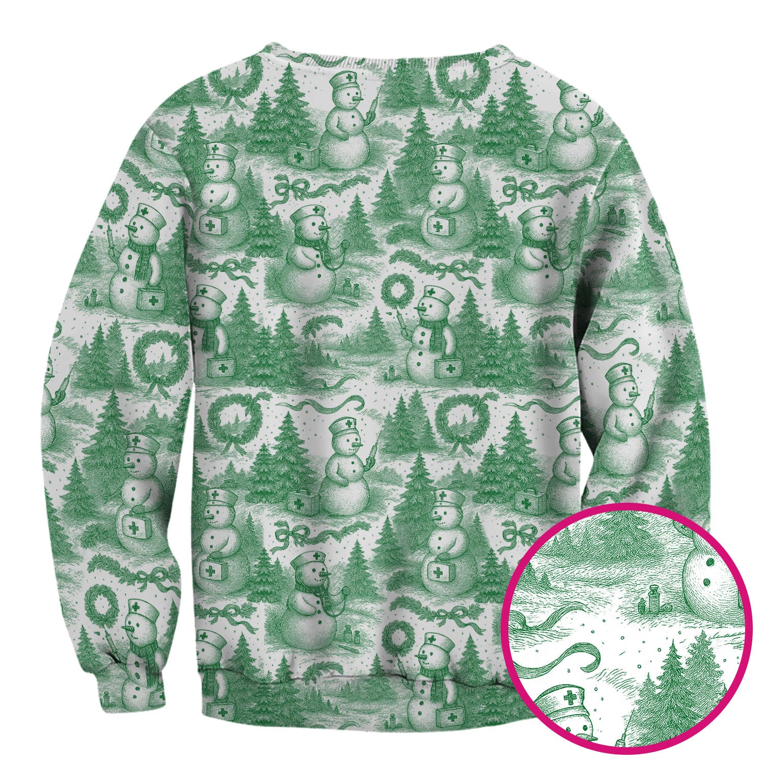 Christmas Scrub Top for Women – Toile de Jouy Snowman and Medical Pattern – Vintage Holiday Nurse Scrubs for Festive Season