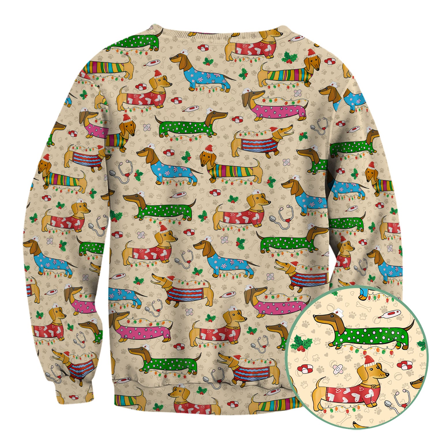 Christmas Dachshund Nurse Scrub Top - Cute Wiener Dog in Holiday Outfit - Funny Medical Shirt Gift for Women RN LPN CNA