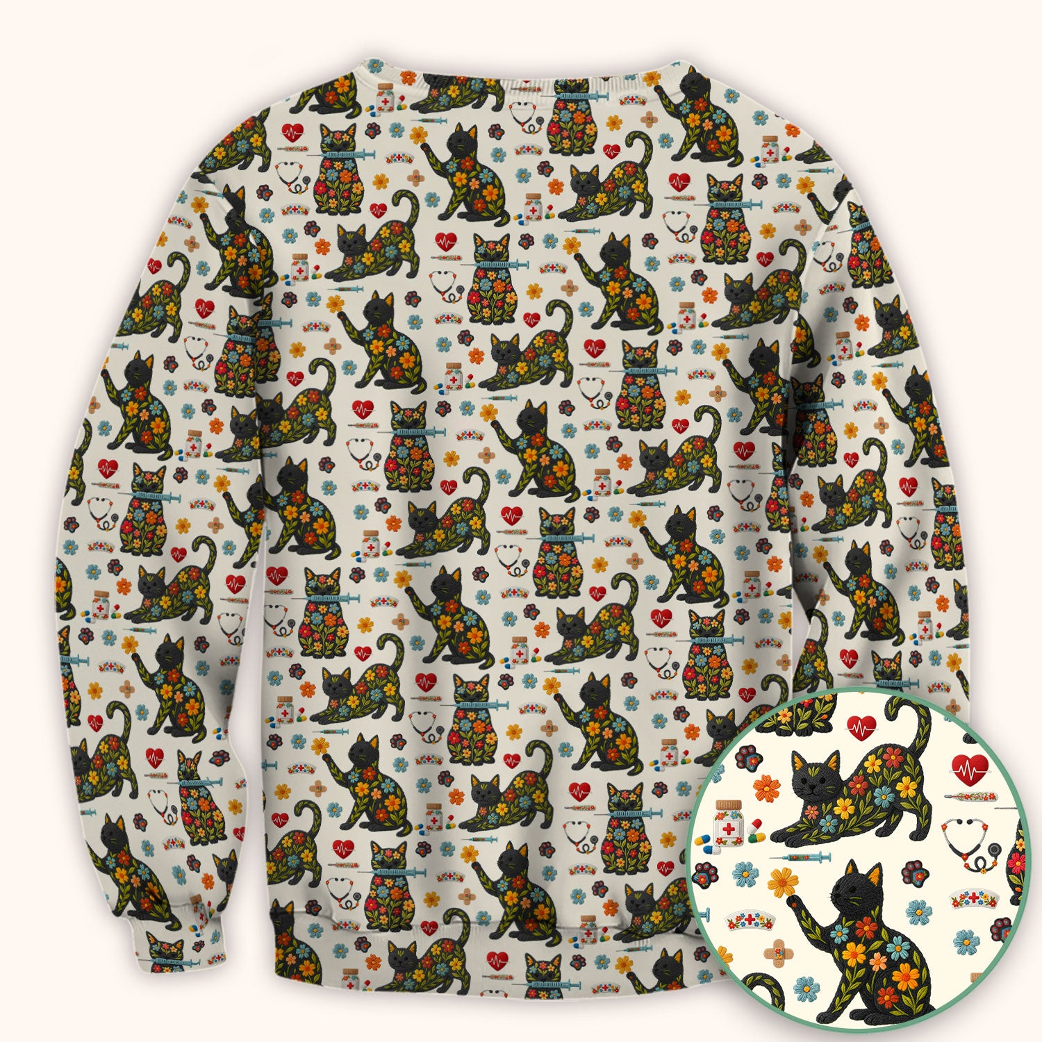 Floral Black Cat Pattern Scrub Top, Cute Cat Nurse Scrub Shirt, Medical Nursing Uniform