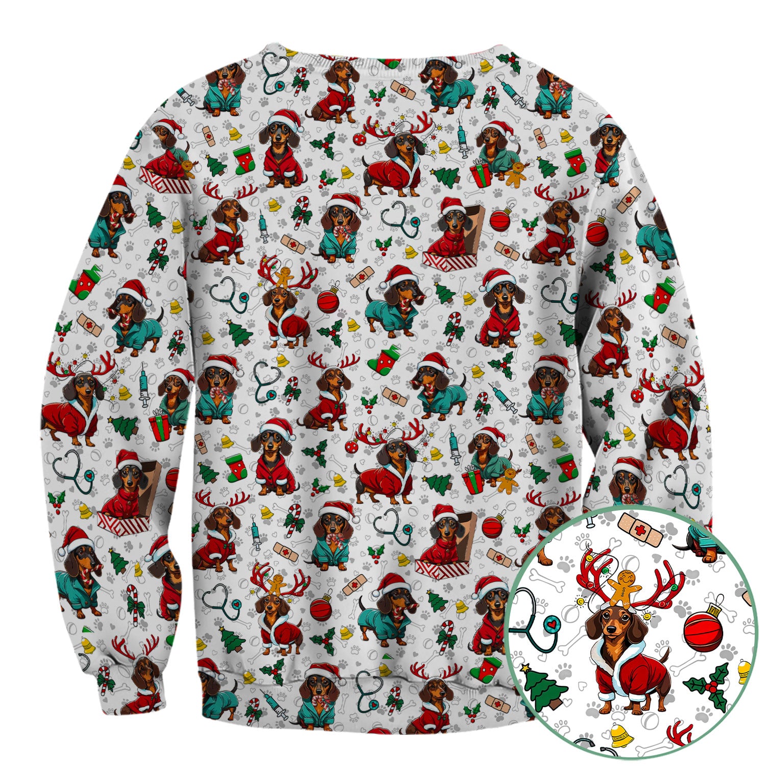 Christmas Dachshund Scrubs for Nurses - Cute Sausage Dog Holiday Scrub Top - Funny Reindeer & Santa Medical Shirt for Women
