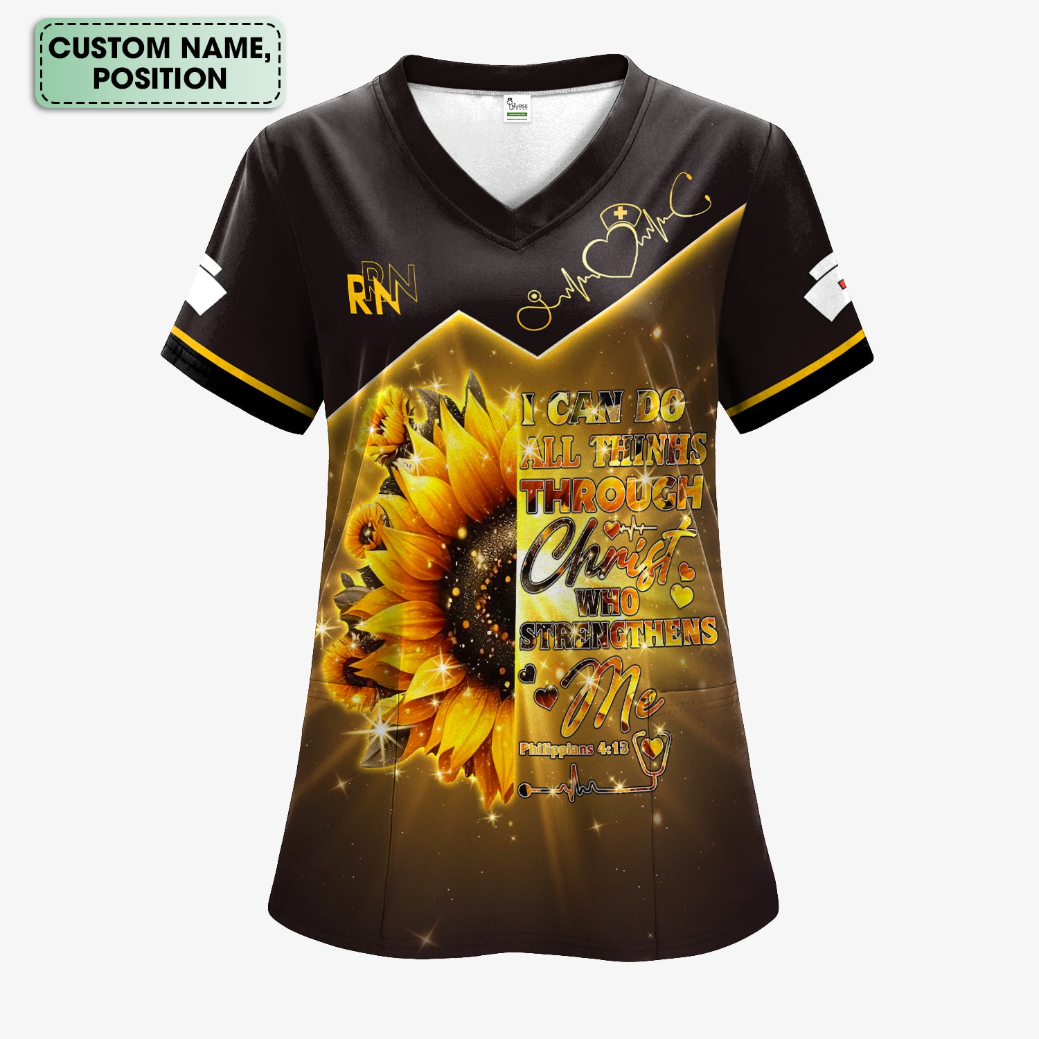 Custom Faith Nurse Scrub Top - All Things Through Christ Bible Verse - Christian Nurses RN LPN CNA Gift