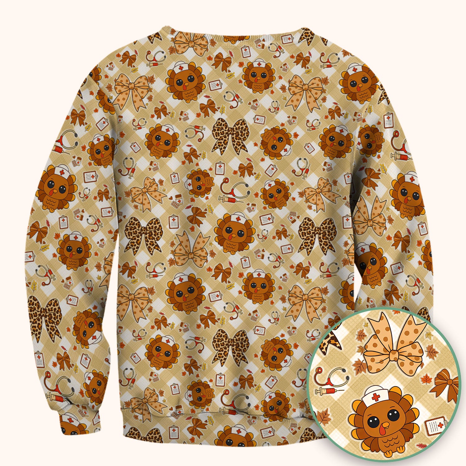 Thanksgiving Turkey Scrub Top for Nurses - Cute Fall Leaves and Bow Shirt - Funny Autumn Nursing Gift for Women RN LPN CNA