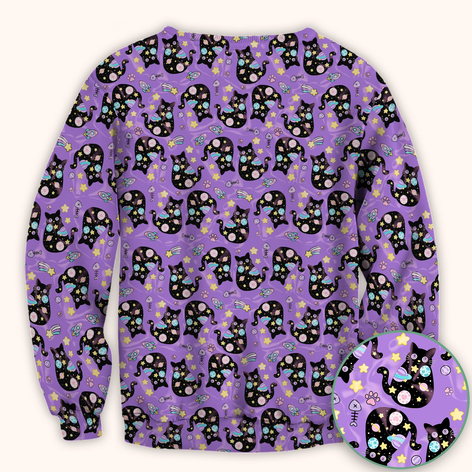 Galaxy Black Cat Space Pattern Scrub Top, Breathable Fabrics Nursing Uniform