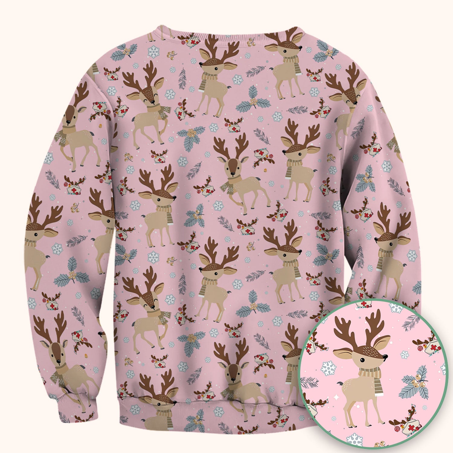 Reindeer Christmas Scrub Top - Cozy Beige Holiday Nurse Shirt with Cute Deer Pattern - Festive Medical Scrubs for Women RN CNA LPN