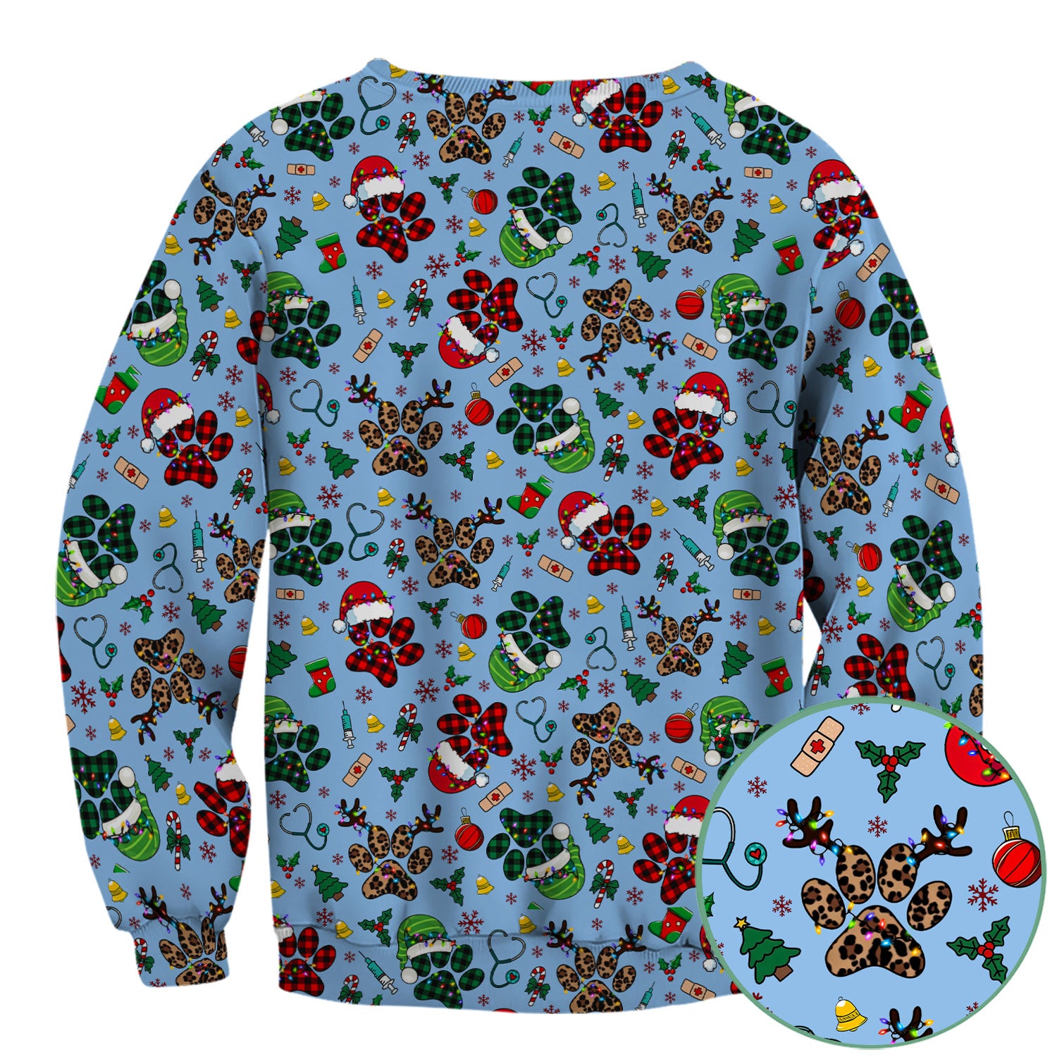 Christmas Paw Print Scrub Top for Nurses - Cute Leopard Holiday Pattern - Funny Festive Medical Uniform Gift