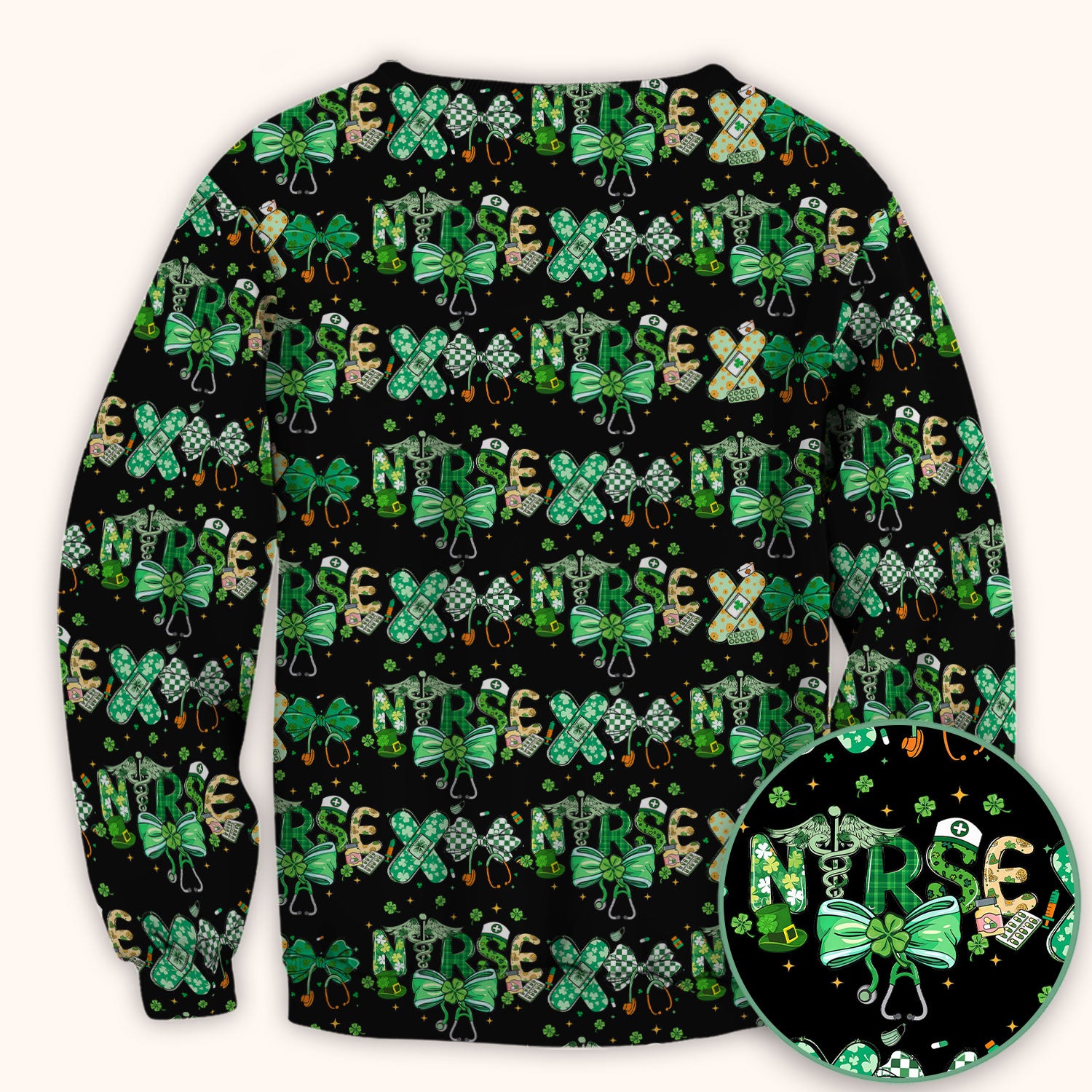 St. Patrick’s Nurse Scrub Top, Lucky Clover And Green Bow Pattern Nurse Shirt, Breathable Fabrics Nursing Uniform