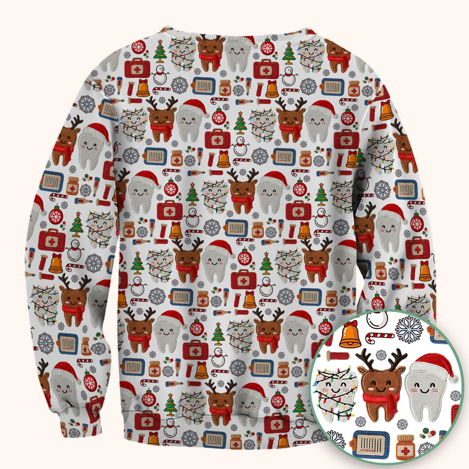Christmas Dental Scrub Top - Cute Santa & Reindeer Tooth Shirt - Funny Holiday Medical Uniform for Dentists, Hygienists & Nurses