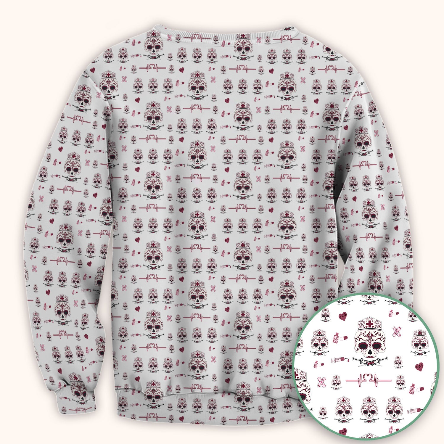 Sugar Skull Scrub Top, Skull Pattern Scrub Shirt, Breathable Fabrics Nursing Uniform