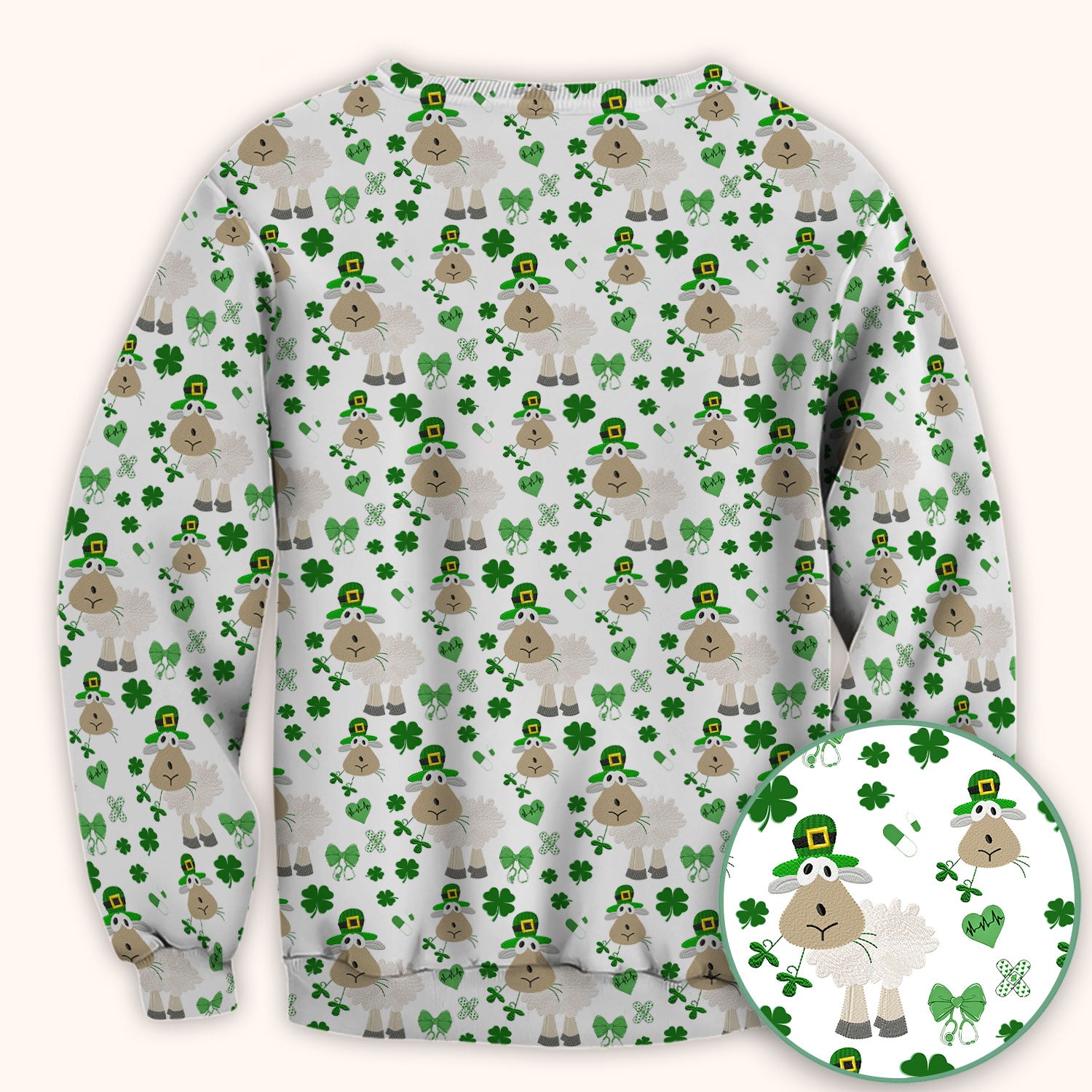 Nurse St. Patrick Scrubs Top, Cute Sheep Shamrock Pattern Nurse Shirt, Breathable Fabrics Nursing Uniform