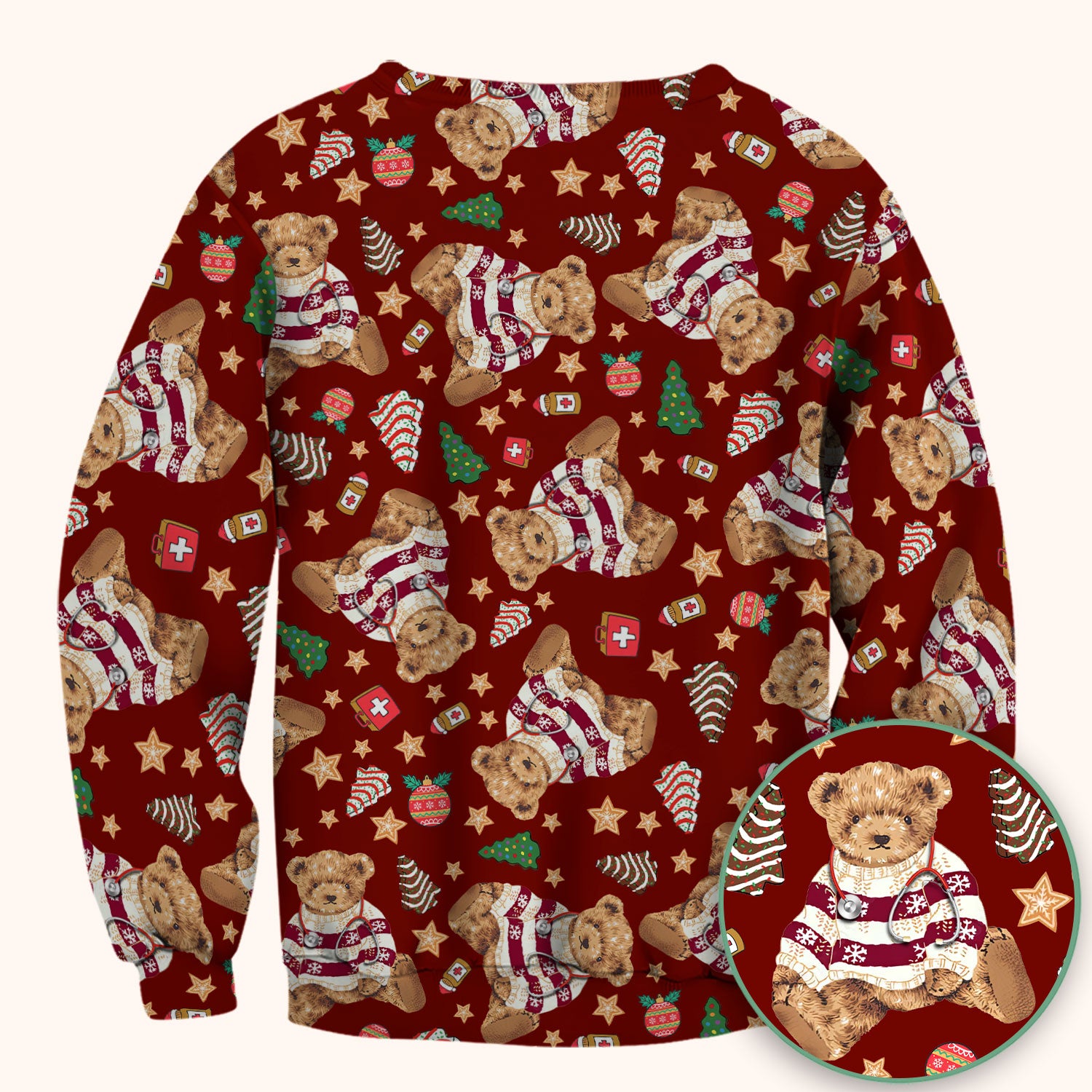 Teddy Bear Christmas Scrub Top - Cute Holiday Medical Pattern with Warm Sweater Bear - Gift for Nurses RN CNA LPN
