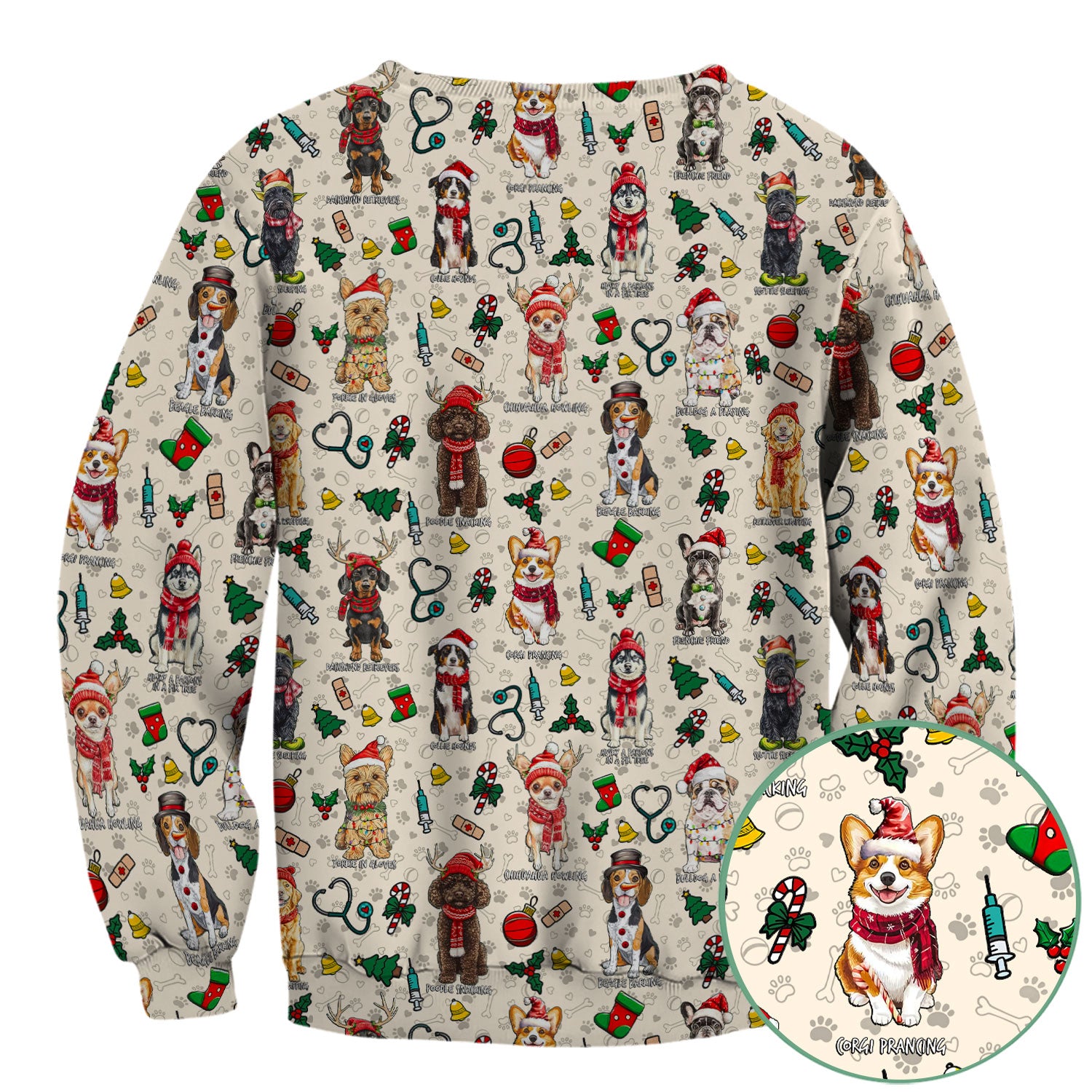 Christmas Dog Scrubs for Nurses – Dachshund, Husky, Poodle, Corgi & Labrador Holiday Scrub Top – Funny Santa Pattern Medical Shirt