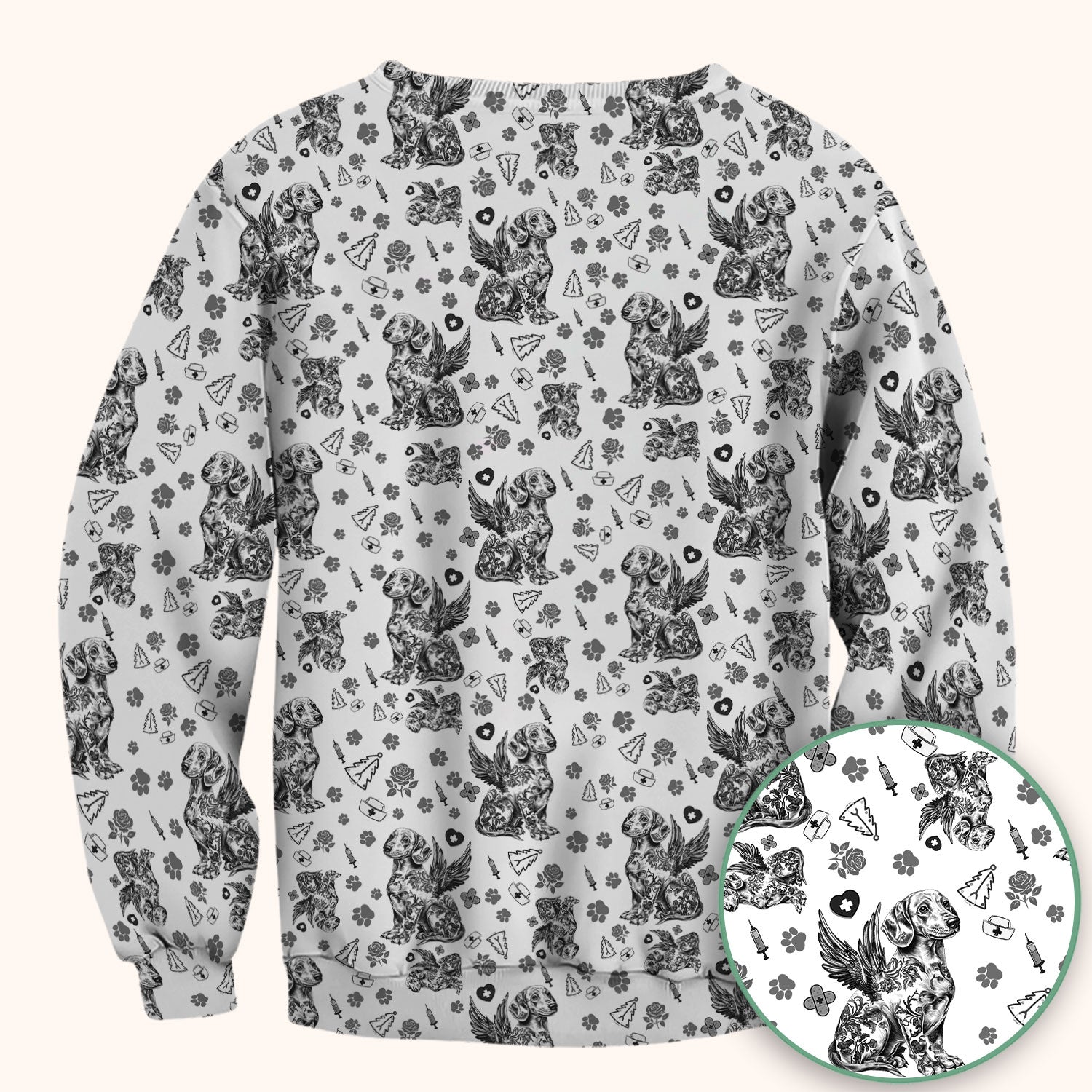 Toile de Jouy Dachshund Angel Scrub Top - Blue Vintage Dog Nurse Shirt - Memorial Christmas Gift